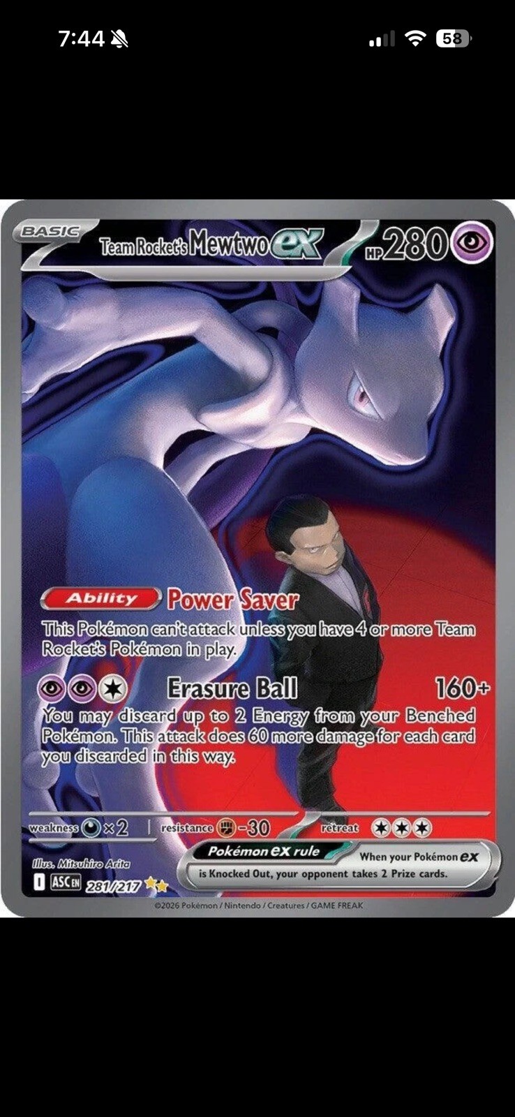 Team Rocket\'s Mewtwo ex Holo SIR Ascended Heroes 281/217 NM Team Rocket\'s Mewtwo ex Holo SIR Ascended Heroes 281/217 NM