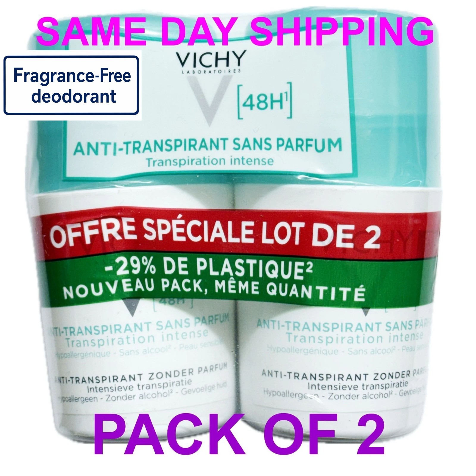 Vichy 48H Intensive Anti-perspirant Deodorant Roll-on 2 x 50ml   US Seller