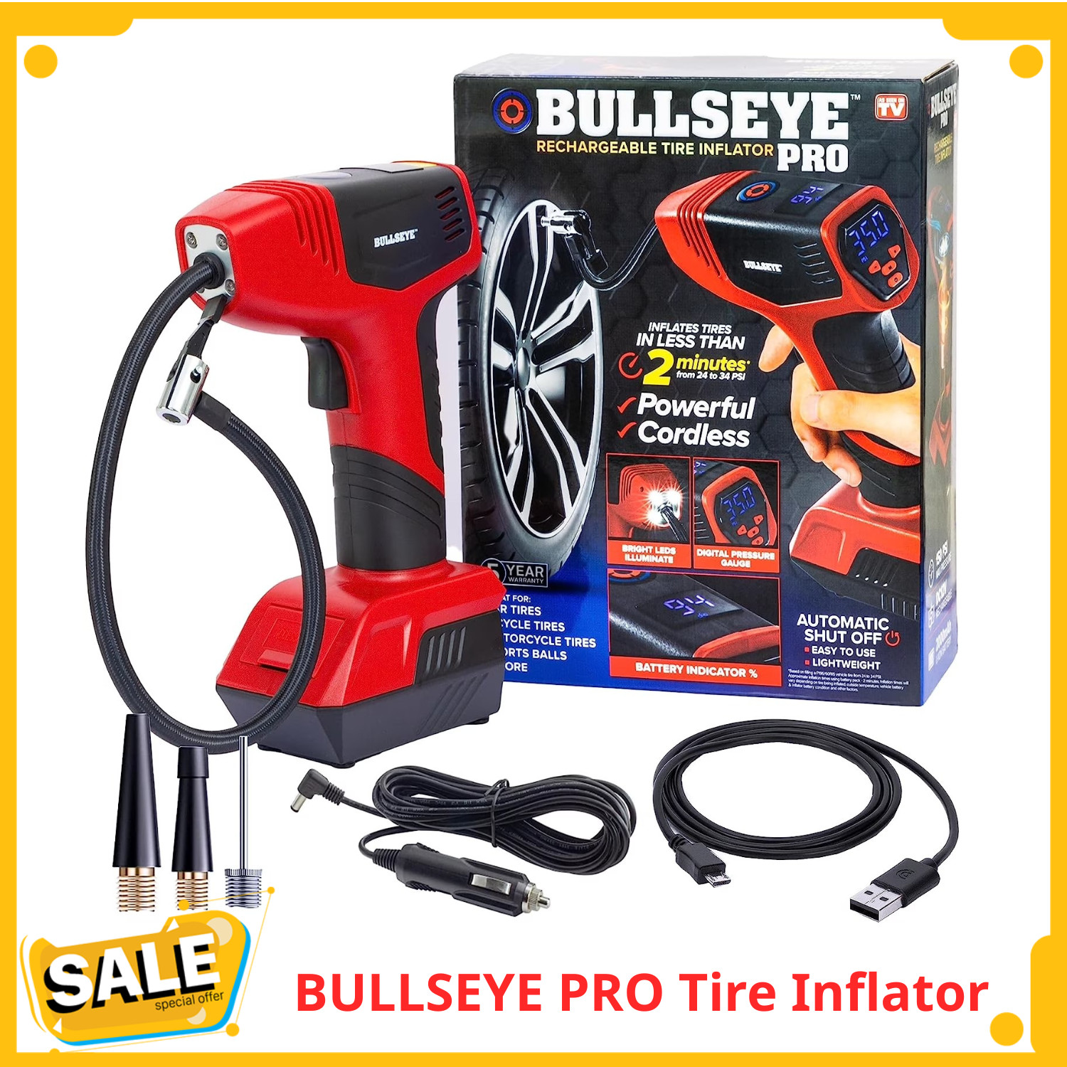 BULLSEYE PRO Tire Inflator with Pressure Gauge, Compact and Portable, Automatic BULLSEYE PRO Tire Inflator with Pressure Gauge, Compact and Portable, Automatic