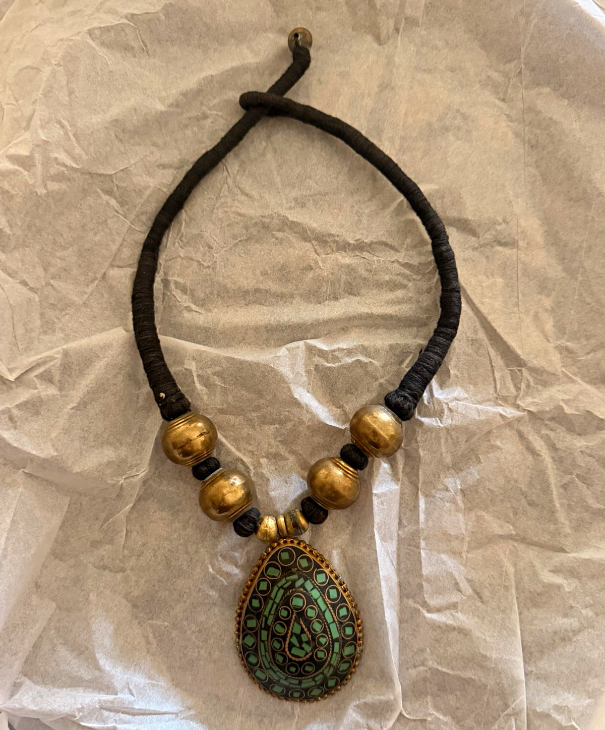 Vintage Tibetan Nepalese Brass Necklace Genuine Turquoise Inlay Pendant Handmade Vintage Tibetan Nepalese Brass Necklace Genuine Turquoise Inlay Pendant Handmade