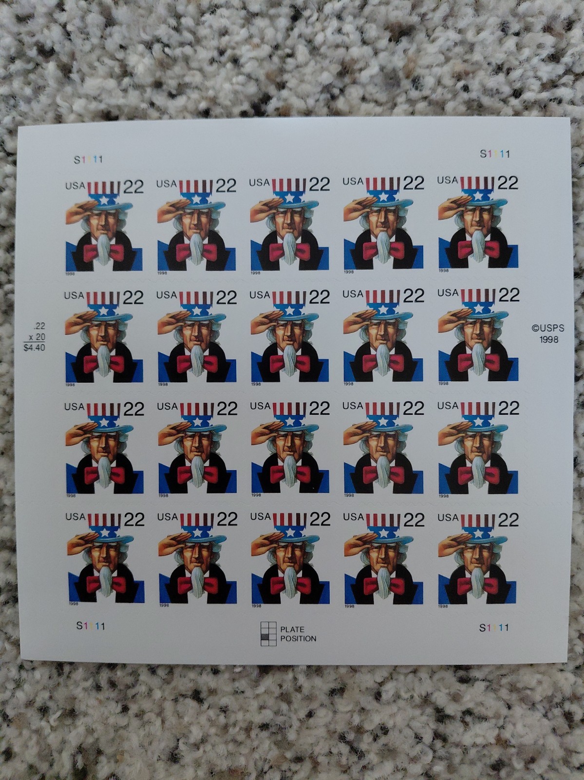 1998 Uncle Sam .22 Cent Stamp Sheet - 20 Stamps - Vintage Patriotic Vibes 1998 Uncle Sam .22 Cent Stamp Sheet - 20 Stamps - Vintage Patriotic Vibes