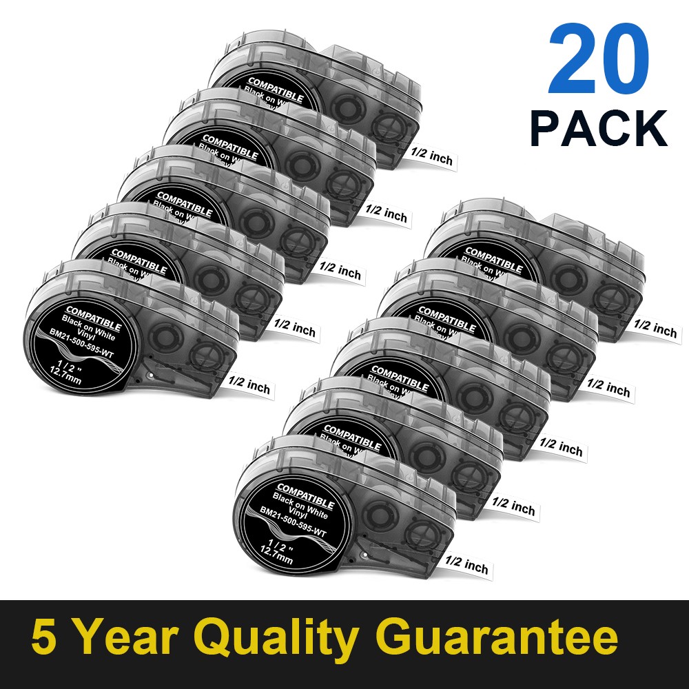 20PK For Brady BMP21-PLUS M21-500-595-WT Label Cartridge Black/White 1/2