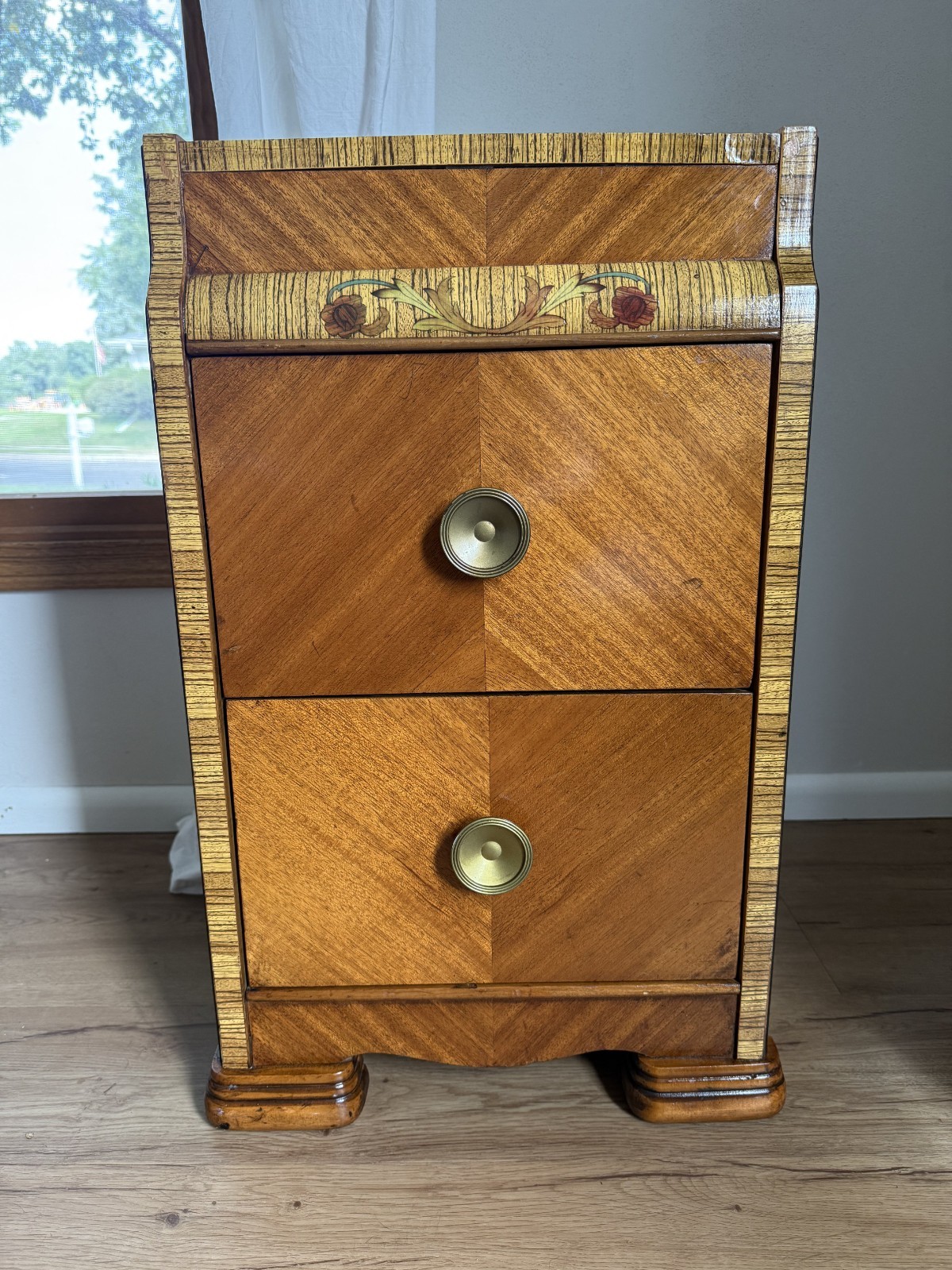 Vintage 1930s Art Deco Waterfall Nightstand End Table Inlaid Mahogany