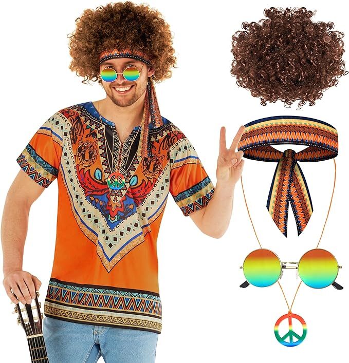 Mens 70s Hippie Costume + Afro Wig & Sunglasses Adult 60s Hippy Outfit Halloween Mens 70s Hippie Costume + Afro Wig & Sunglasses Adult 60s Hippy Outfit Halloween