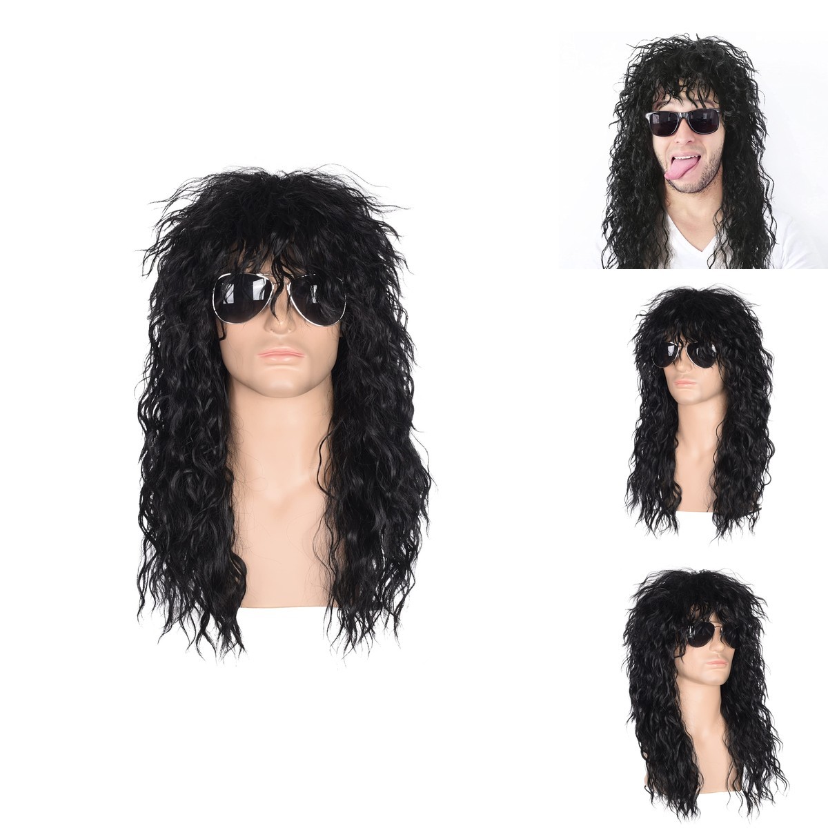 morvally Men\'s 80s Long Black Curly Hair Wig Glam Rock-Rocker Halloween Cosplay morvally Men\'s 80s Long Black Curly Hair Wig Glam Rock-Rocker Halloween Cosplay