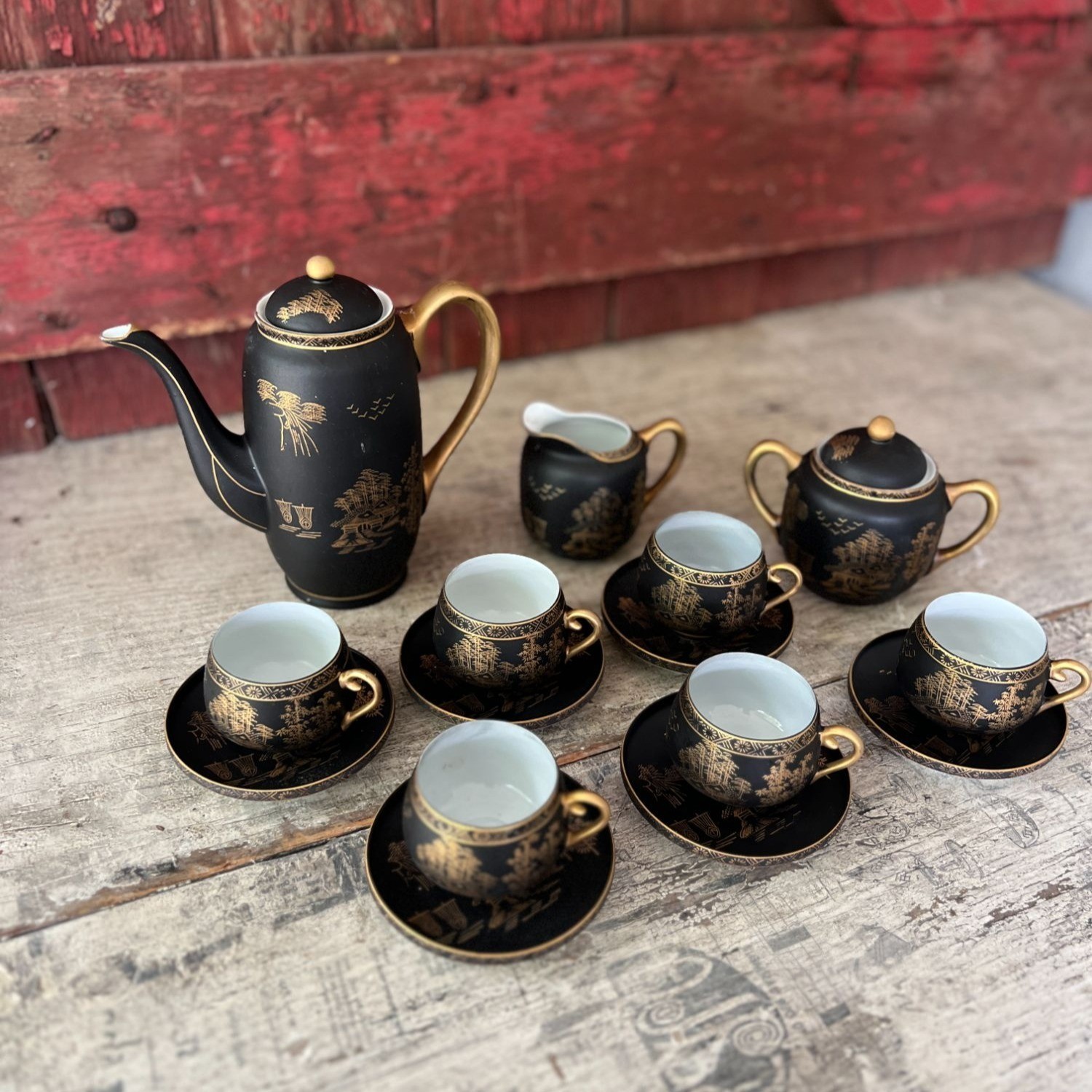 Vintage Kutani China Hand-Painted Black & Gold Japanese Tea Set