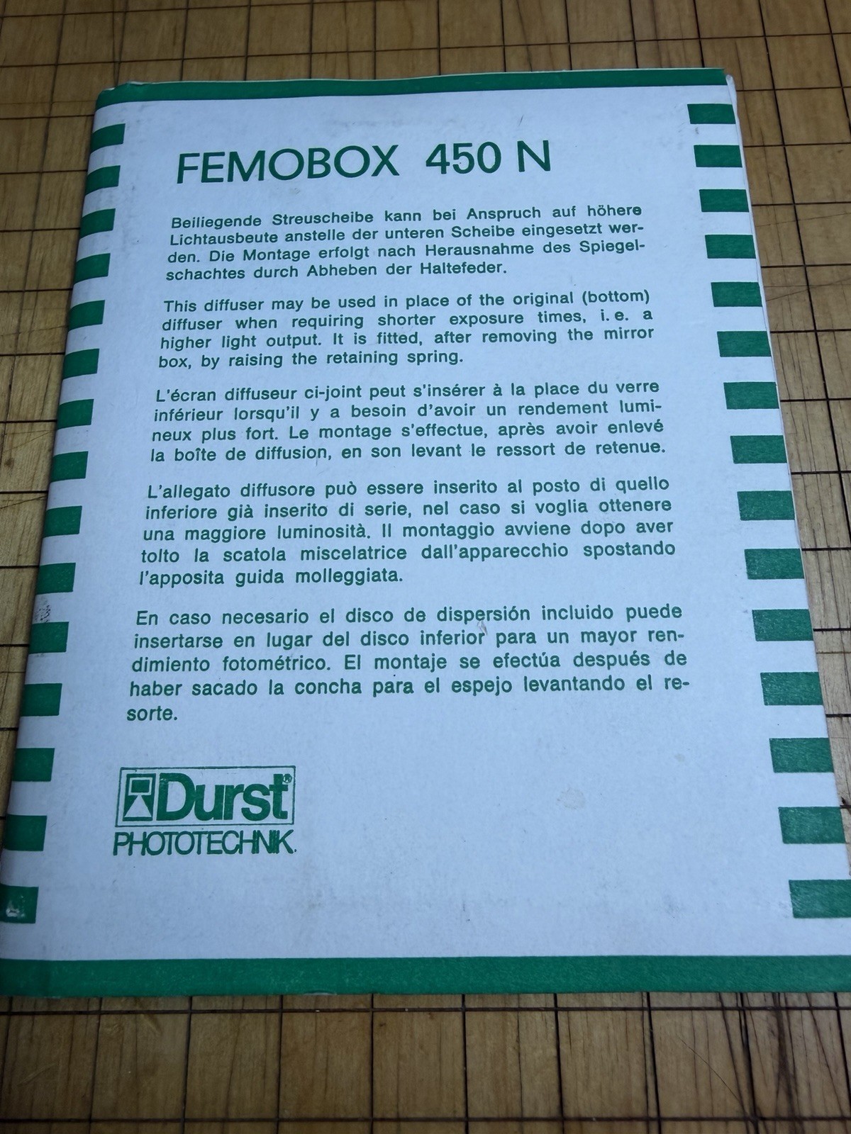 Durst Femobox 450 N Diffuser Glass Plate #2 - New Old Stock NOS In Envelope