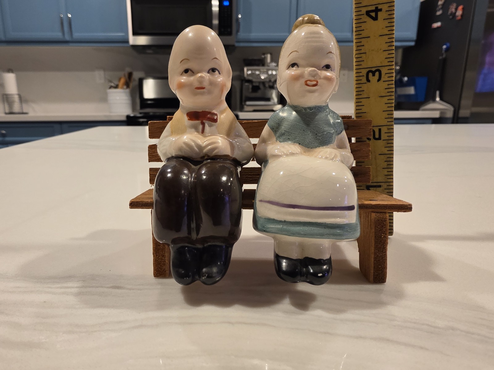 Vintage Ceramic Elderly Couple Bench Salt Pepper Shaker Japan Hand Painted