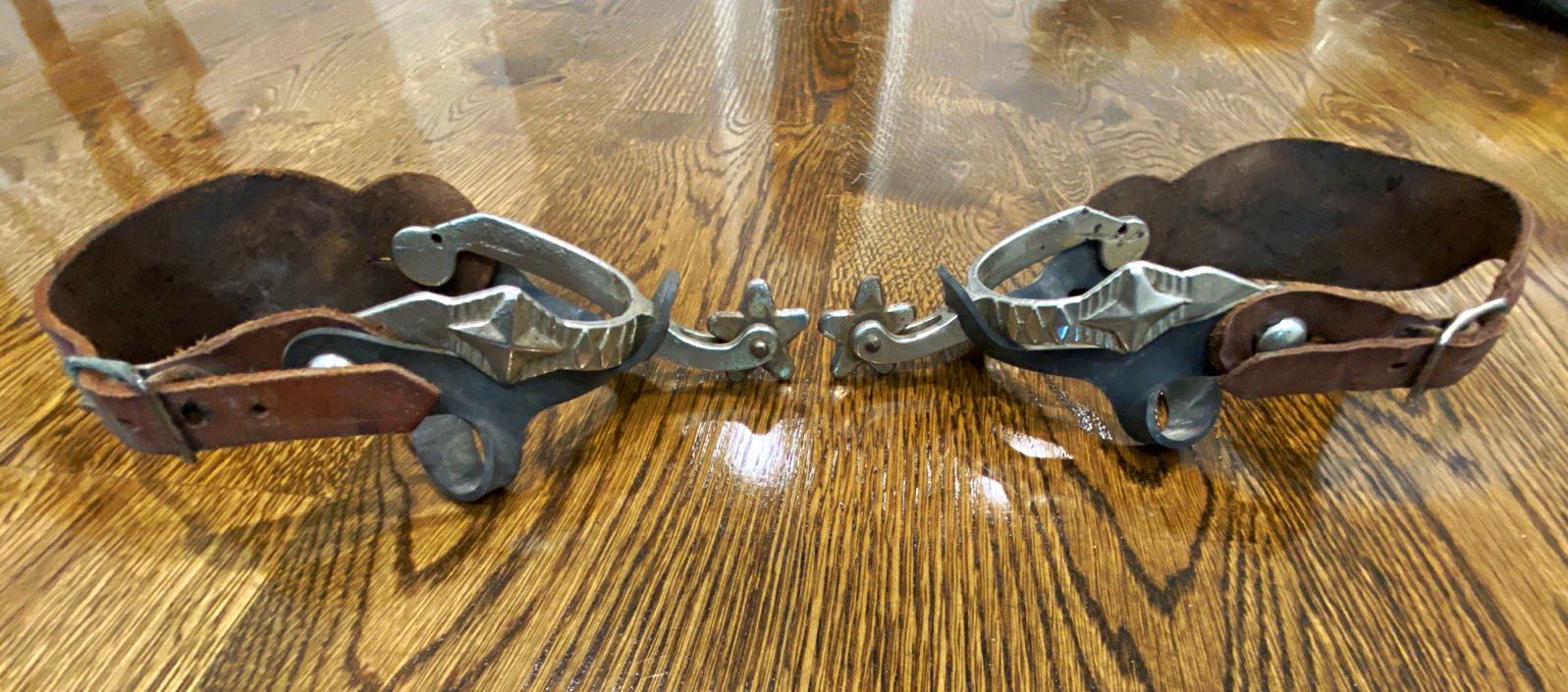 Western Bumper Spurs w/ Brown Leather Straps - Pair horse riding equine Western Bumper Spurs w/ Brown Leather Straps - Pair horse riding equine