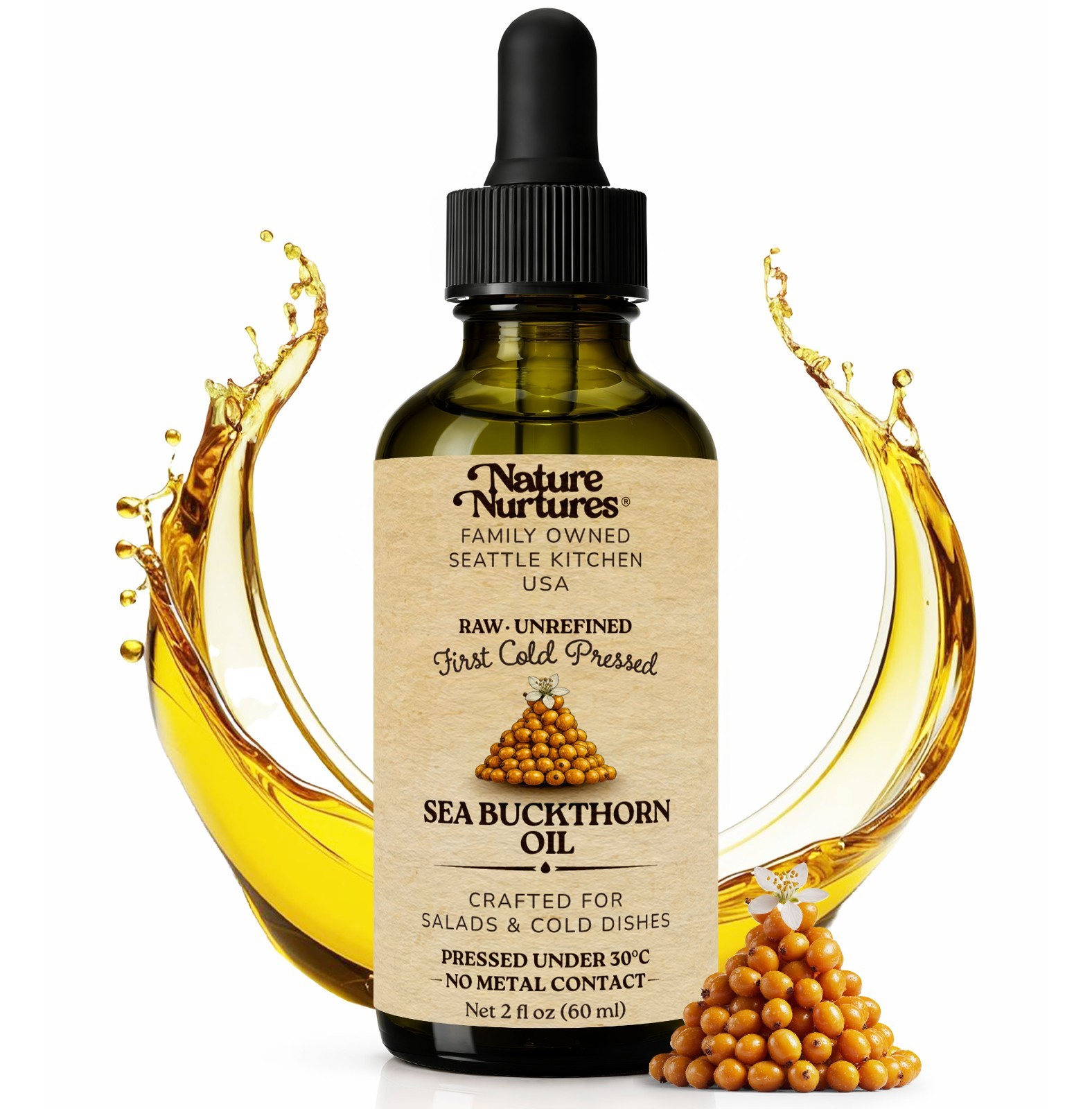 Sea Buckthorn Berry Oil Raw Unrefined First Cold-Pressed Below 30C Made in USA