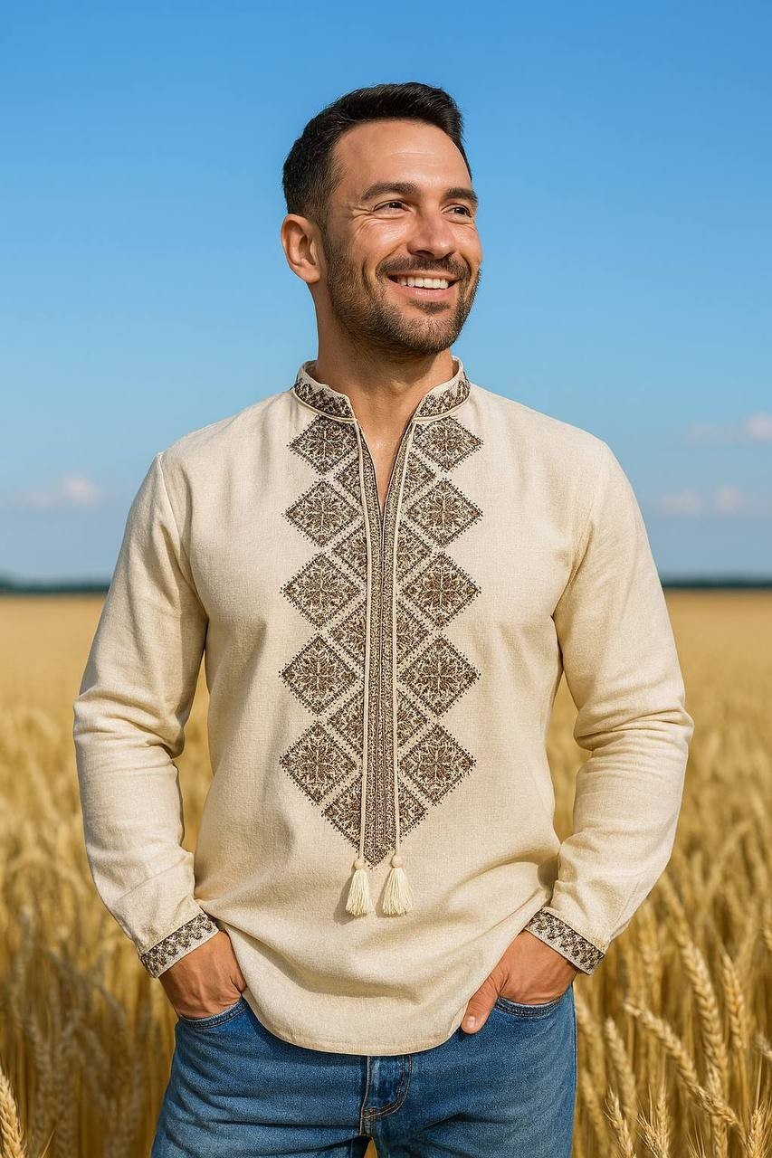 Vyshyvanka for Men Ukrainian Beige Embroidered Cotton Shirt S-XL embroidery
