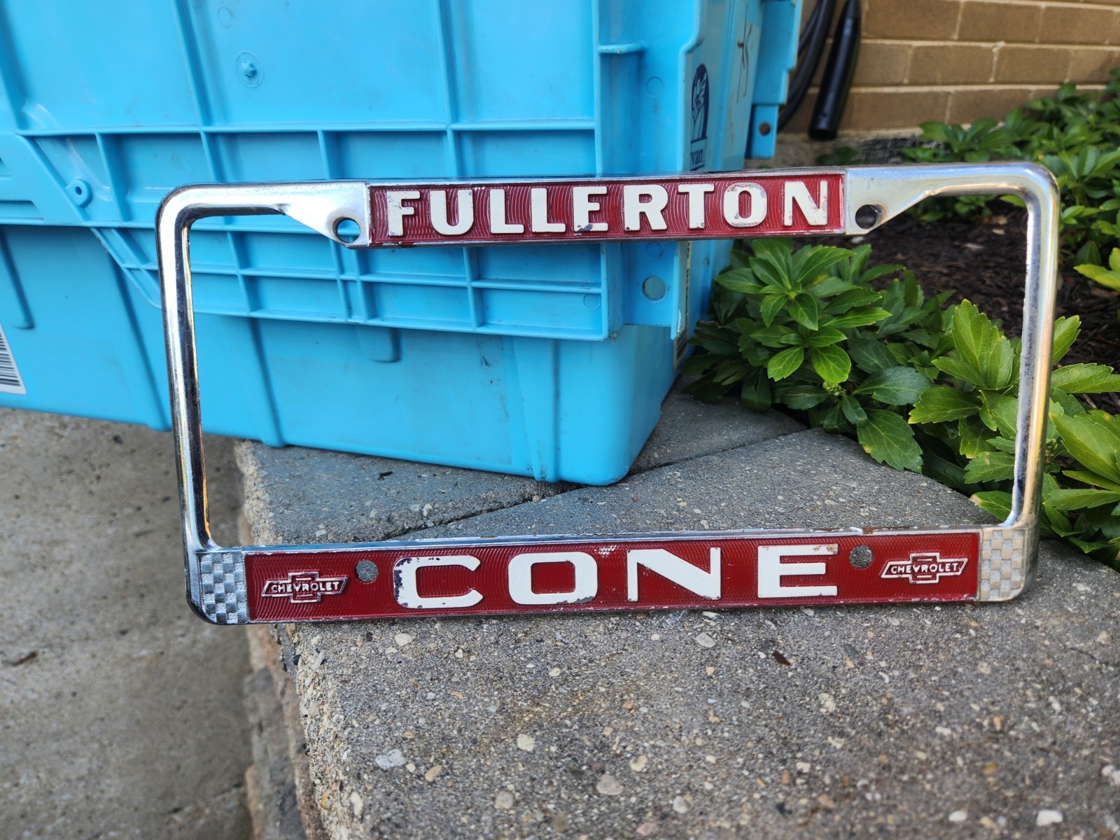 RARE Fullerton California Cone Chevrolet Vintage GM Dealer License Plate Frame RARE Fullerton California Cone Chevrolet Vintage GM Dealer License Plate Frame