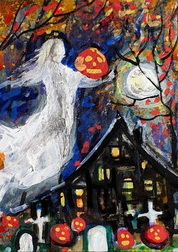 ORIGINAL ACEO Painting GHOST Spirit Autumn Pumpkin Halloween House Grave ATC ART ORIGINAL ACEO Painting GHOST Spirit Autumn Pumpkin Halloween House Grave ATC ART