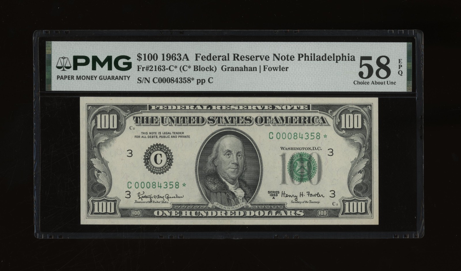DBR 1963-A $100 FRN Philadelphia STAR Fr. 2163-C* PMG 58 EPQ Serial C00084358*