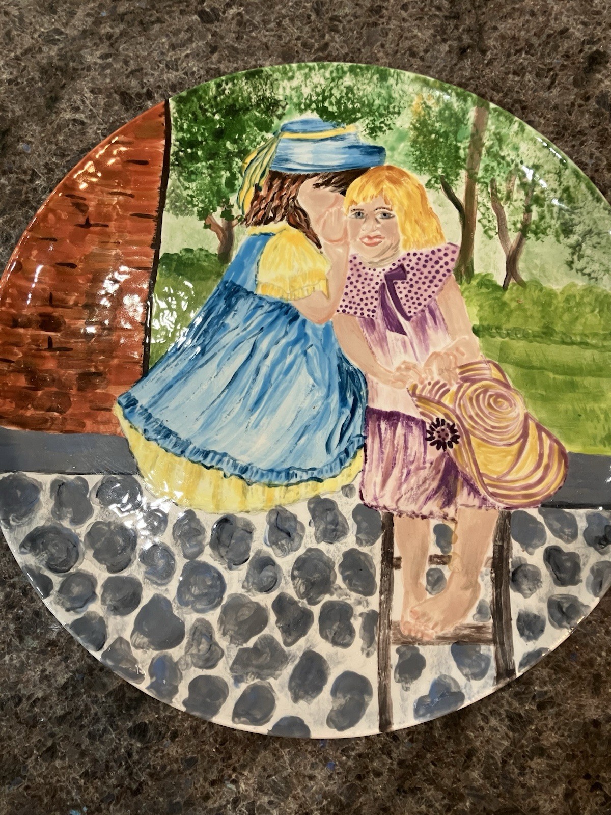 Original Hand-Painted Ceramic Art Plate – Two Sisters –13” Round – Signed Eileen Original Hand-Painted Ceramic Art Plate – Two Sisters –13” Round – Signed Eileen