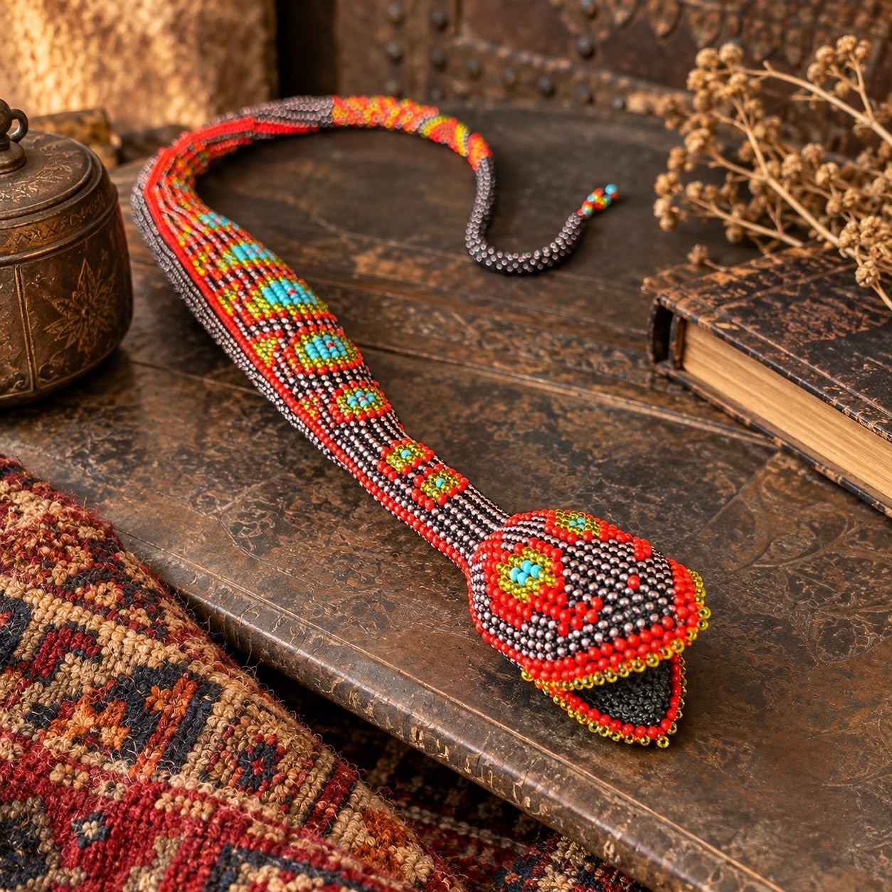 Vintage Turkish Beaded Snake, 1950s Prison Art Folk Art, Handmade Beadwork Serpe