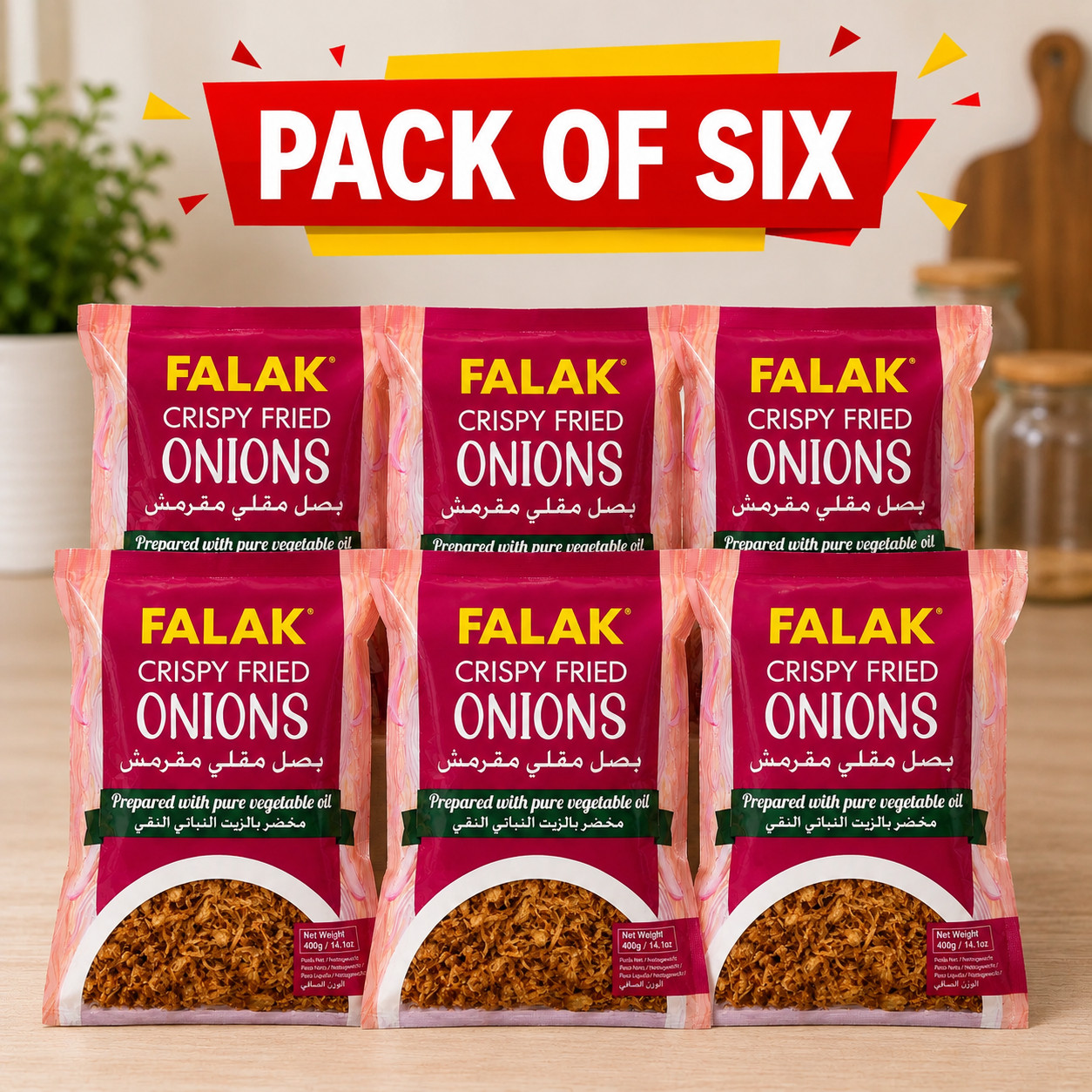 Falak Crispy Fried Onions Original14.1 oz Pack of 6 Ready to Eat Biryani Garnish Falak Crispy Fried Onions Original14.1 oz Pack of 6 Ready to Eat Biryani Garnish