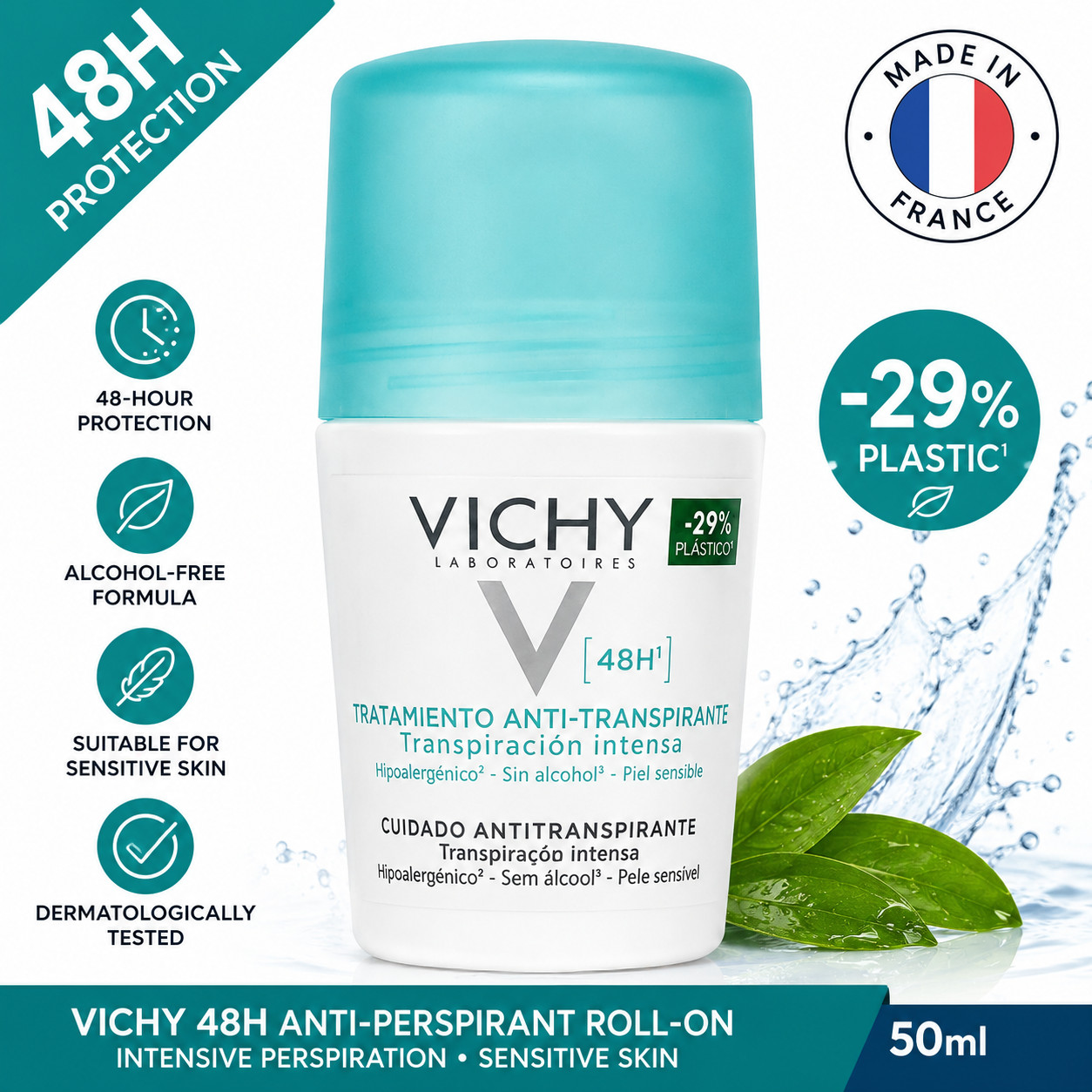 Vichy 48H Anti-Transpirant Roll-On Sensitive Skin Alcohol-Free 50ml | 1 Pack