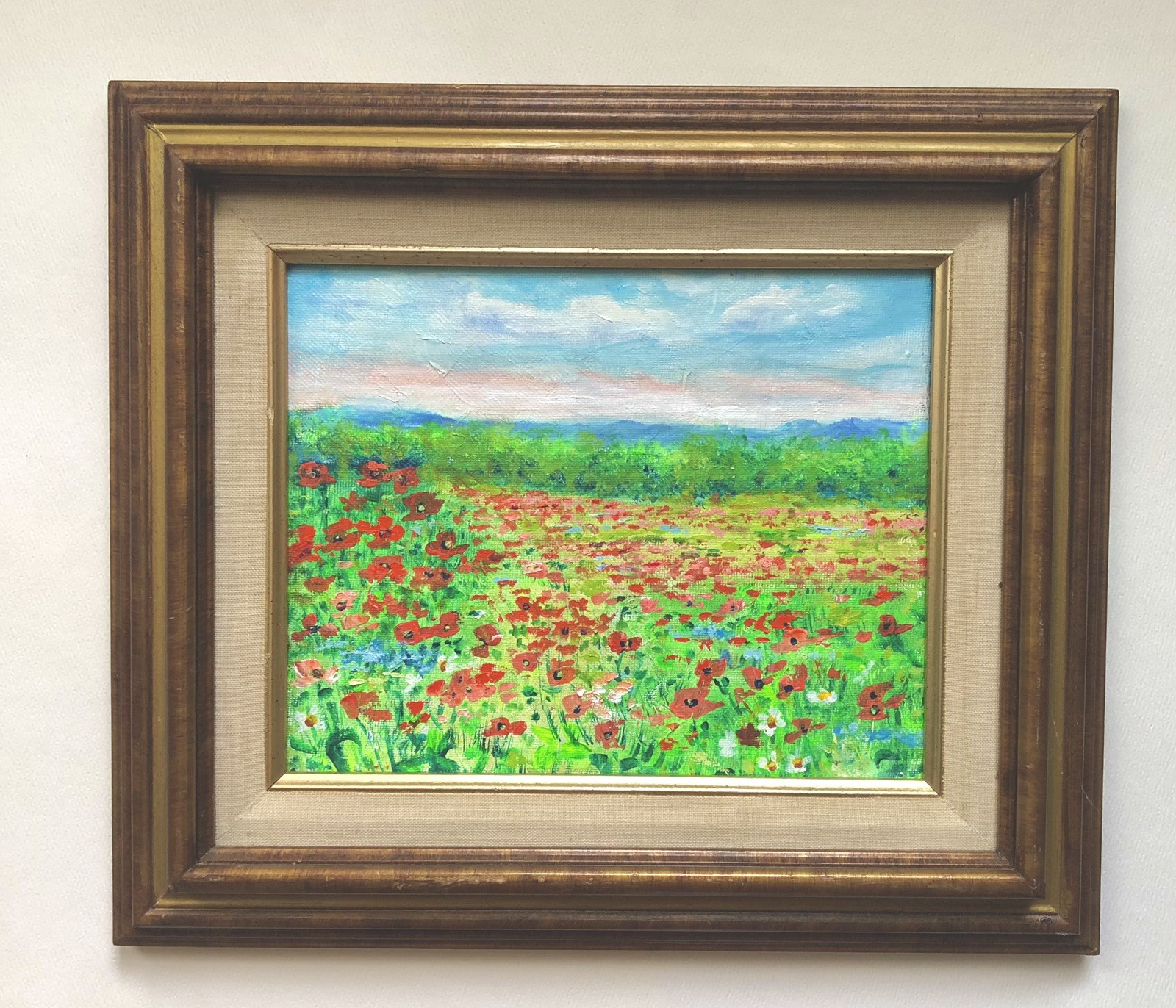 Original 13x15” Oil Painting Landscape Poppies Field Frame Signed By Artist Original 13x15” Oil Painting Landscape Poppies Field Frame Signed By Artist