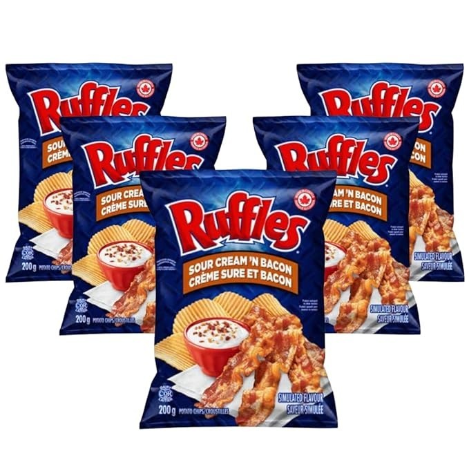 5 x Ruffles Sour Cream & Bacon Potato Chips 200g 7oz Kosher Snack, 