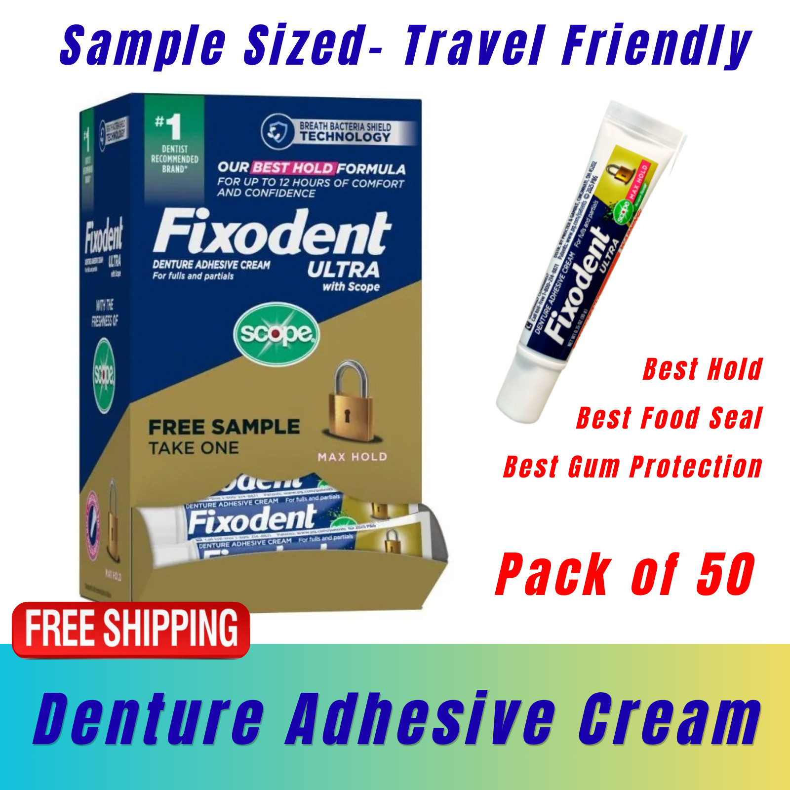 Fixodent Ultra Denture Adhesive Cream Tubes 0.35oz, 50/Pack, Travel Size Samples