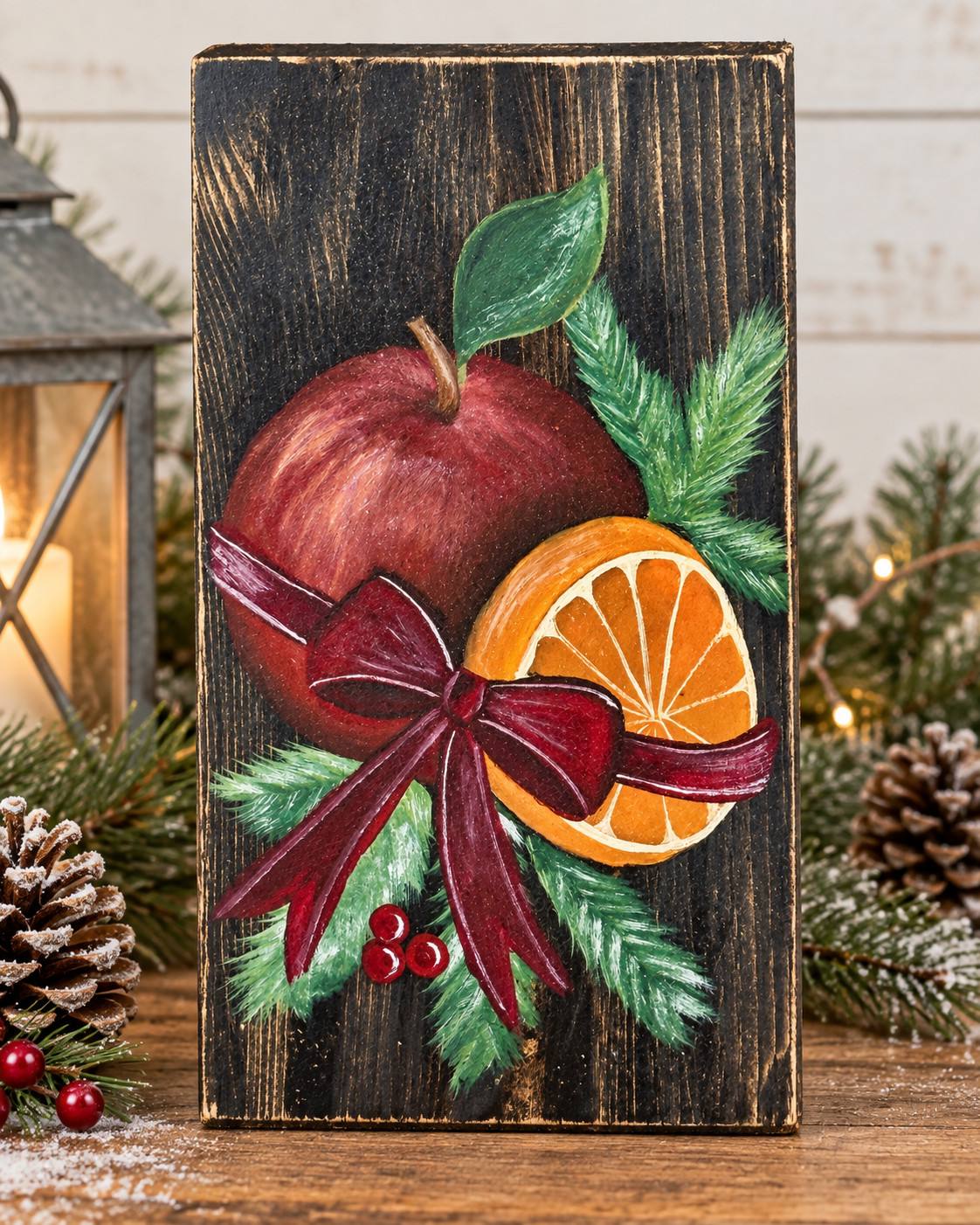 Primitive Apple Orange Christmas Hand Painted Reclaimed Wood Folk Art Wall Decor