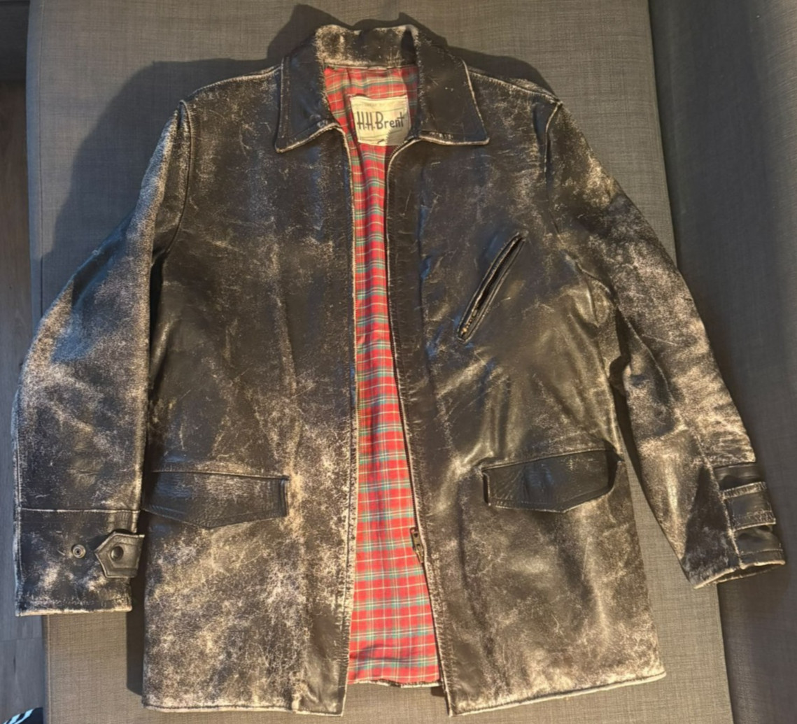 Original 1930s H.H. Brent calf leather jacket with full red tartan plaid lining