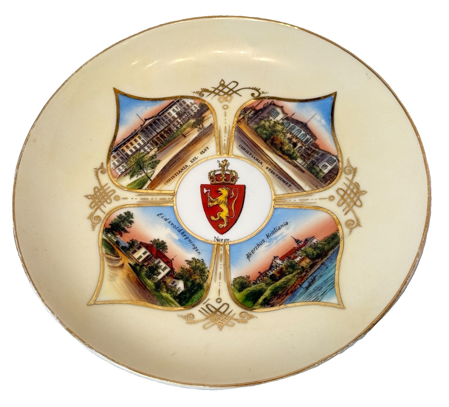 Norway Oslo Antique Souvenir Jubilee 1914 Painted Gold Wall Plate Norway Oslo Antique Souvenir Jubilee 1914 Painted Gold Wall Plate