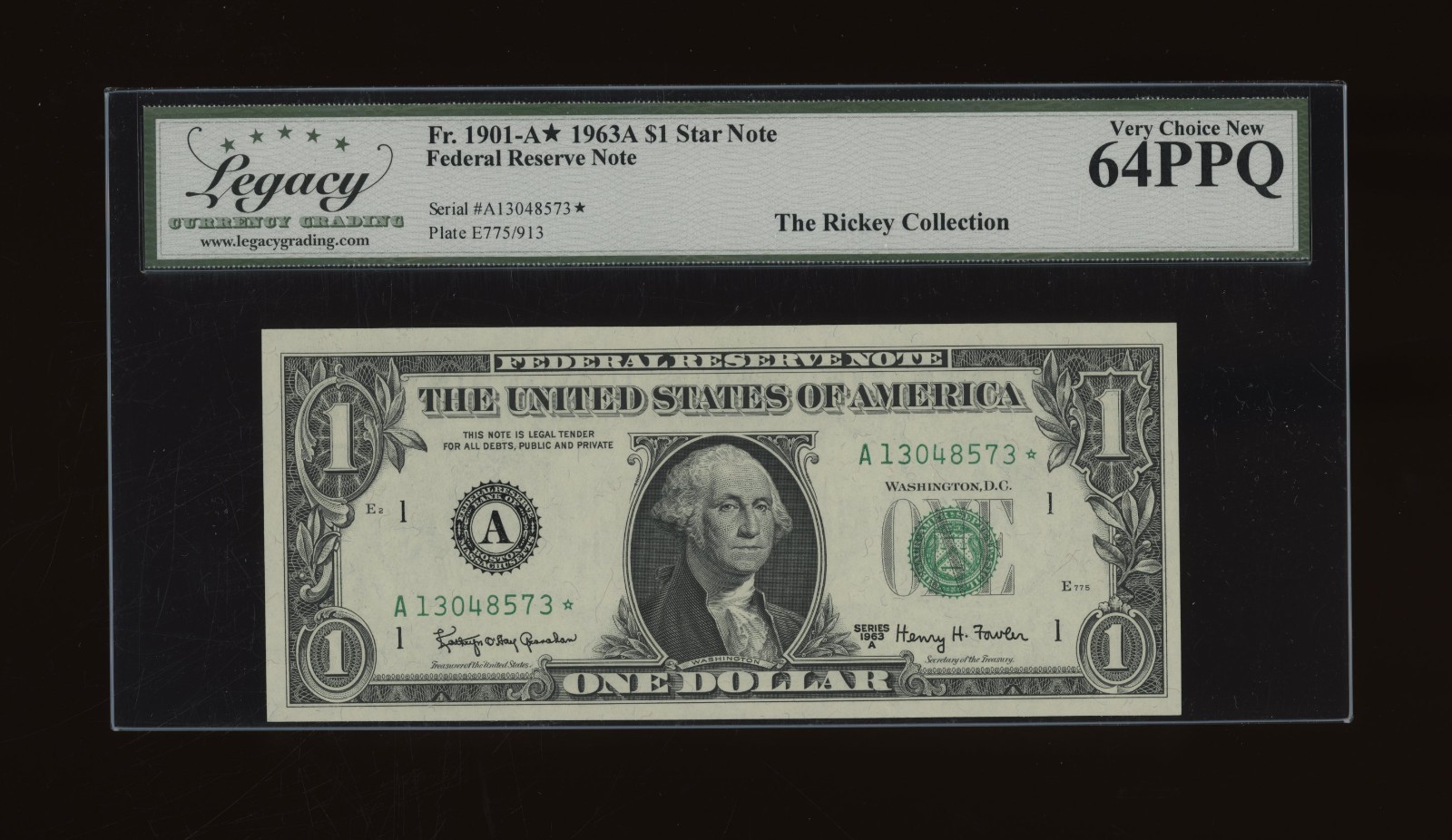 DBR 1963-A $1 FRN Boston STAR Fr. 1901-A* Legacy 64 PPQ Serial A13048573* DBR 1963-A $1 FRN Boston STAR Fr. 1901-A* Legacy 64 PPQ Serial A13048573*