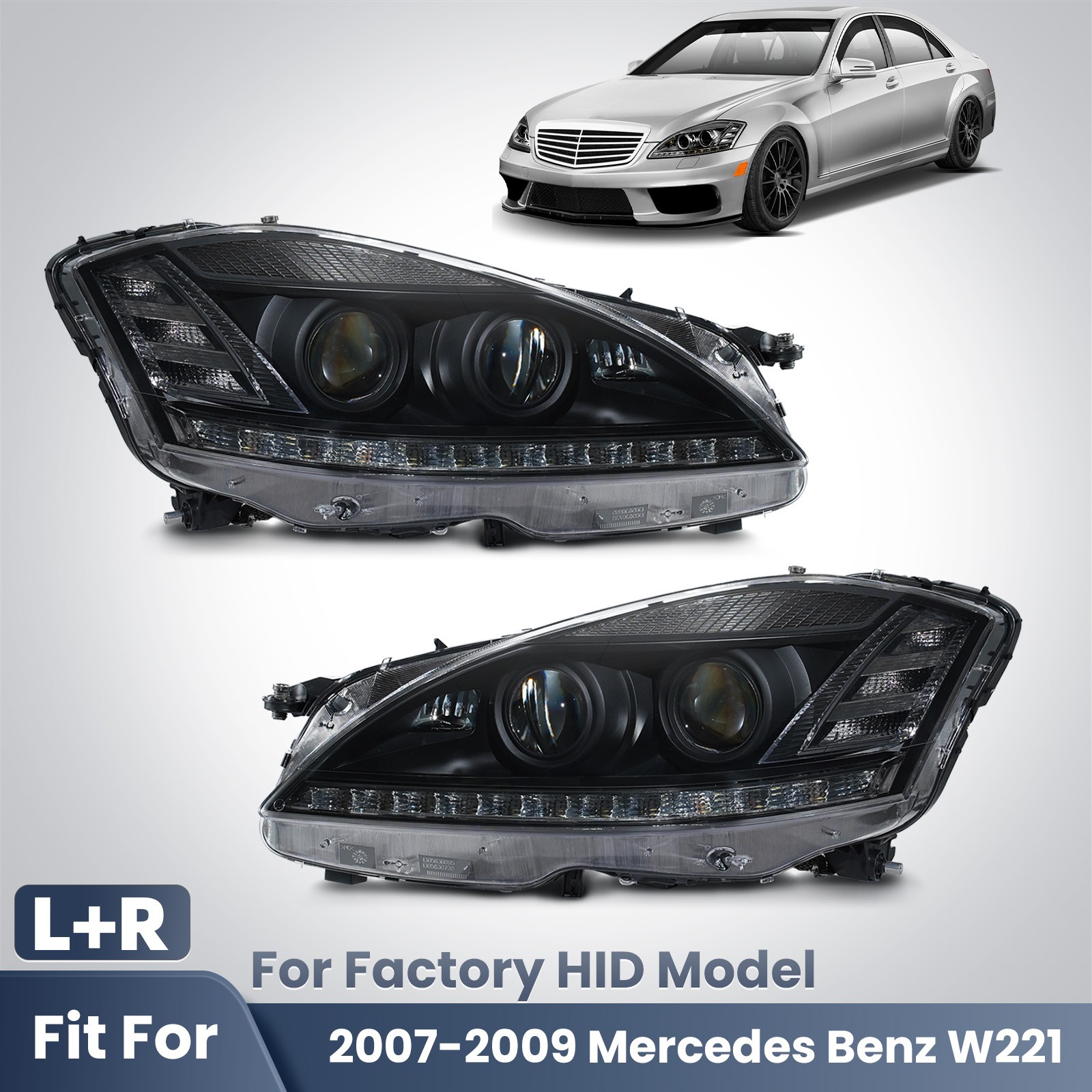 For 2007-2009 Mercedes Benz W221 S550 S-Class Xenon HID LED Headlights Black For 2007-2009 Mercedes Benz W221 S550 S-Class Xenon HID LED Headlights Black