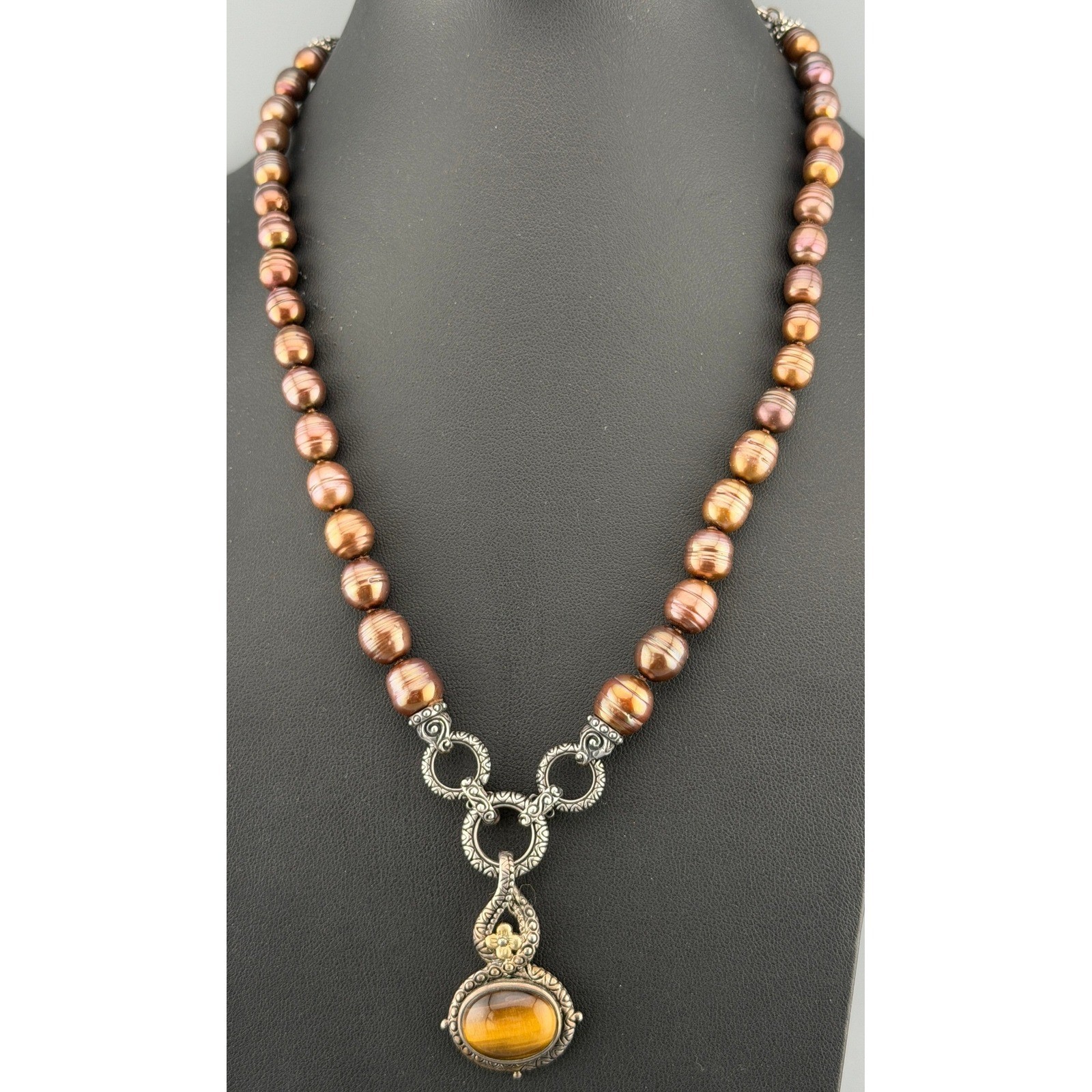 Vintage Barbara Bixby Necklace 18K Sterling Silver Tigers Eye Chocolate Pearls