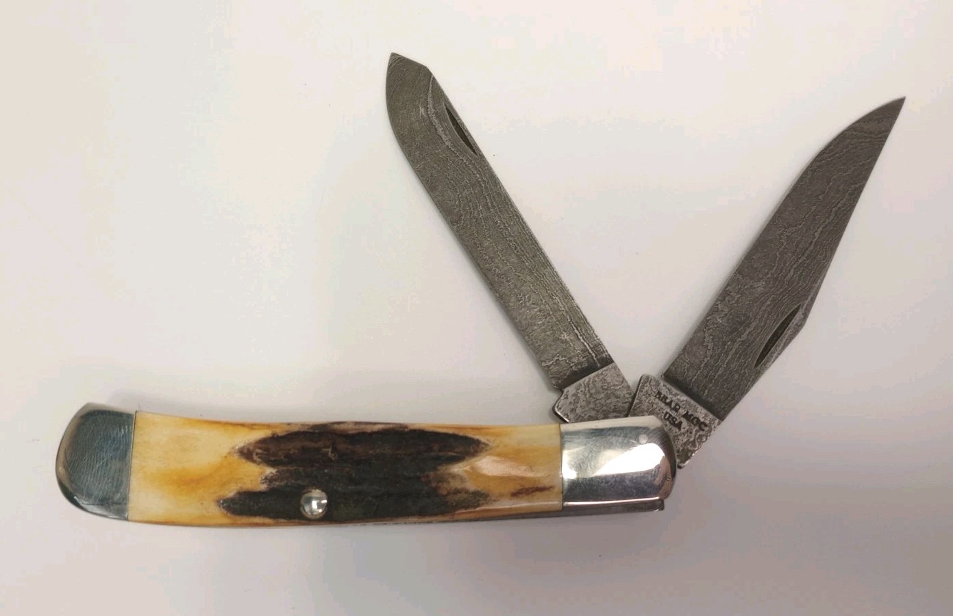 Bear & Son BBAR MGC USA made Stag Handle Damascus TRAPPER Pk. Knife RETIRED VTG