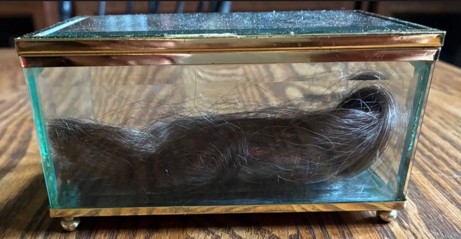 Antique Mourning/Memento Hair Lock in Beveled Glass Display Box 1930s-50s