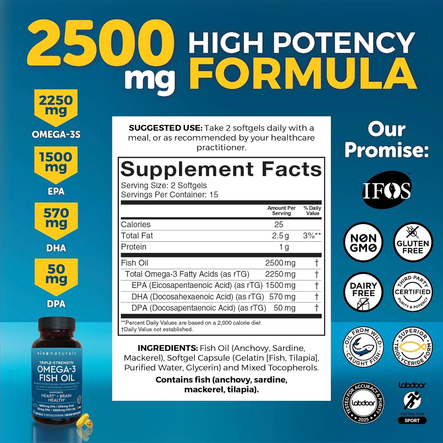 Viva Naturals Omega 3 Fish Oil Supplement for Women and Men - 2500 mg Triple Oil Viva Naturals Omega 3 Fish Oil Supplement for Women and Men - 2500 mg Triple Oil