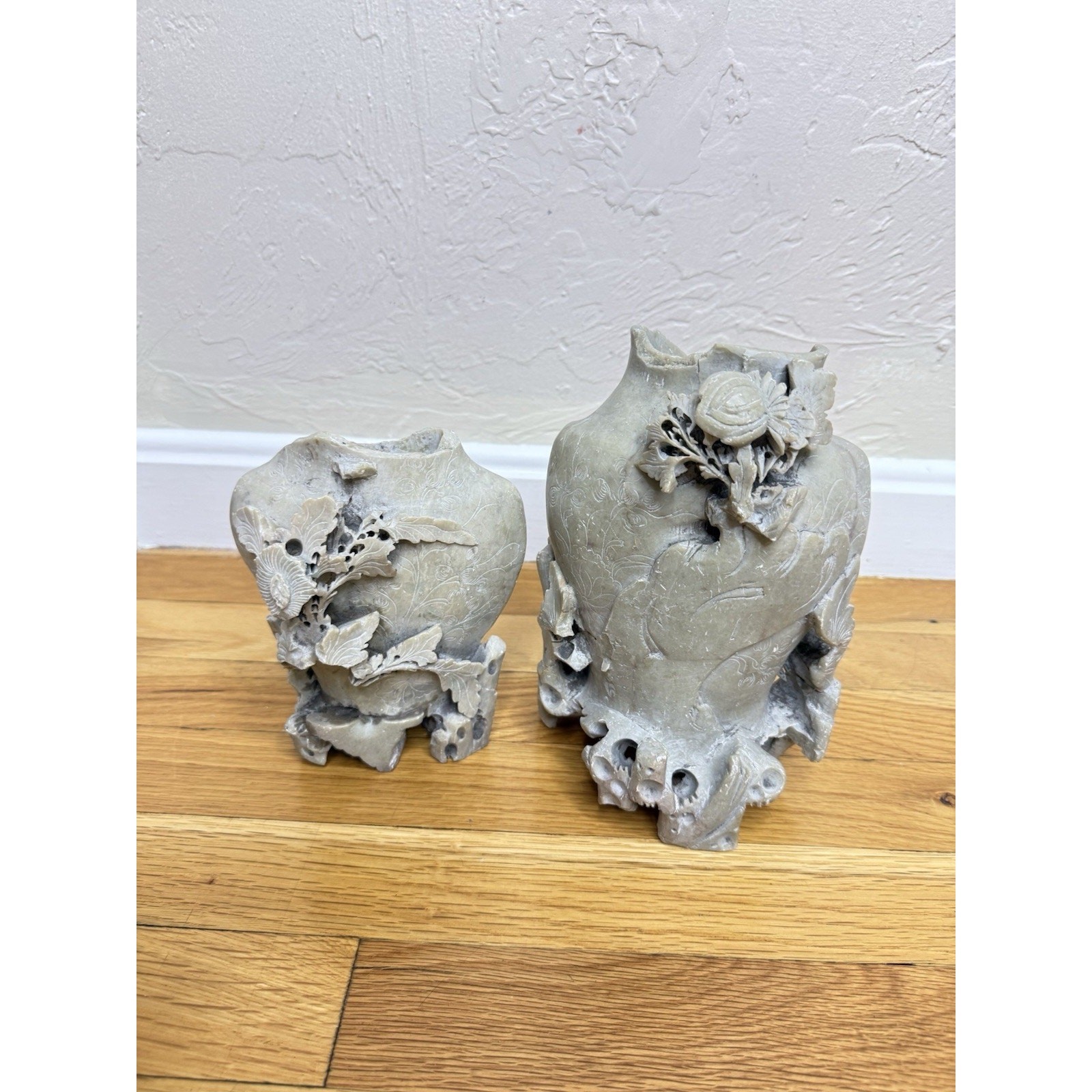 Vintage Chinese Soapstone Finely Hand-carved Floral Vase Set Of 2 Vintage Chinese Soapstone Finely Hand-carved Floral Vase Set Of 2