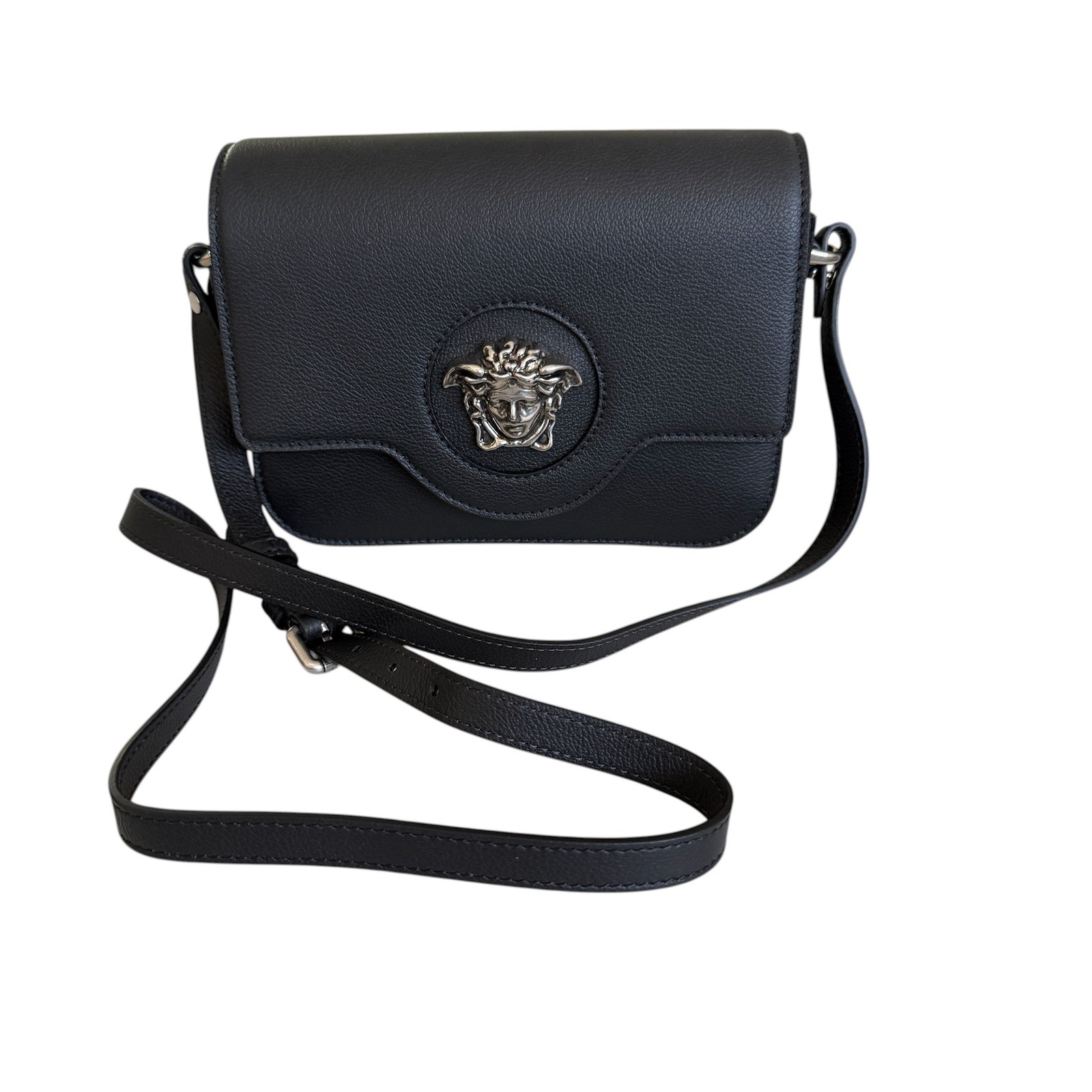 Versace 1008100 La Medusa Shoulder Bag Black Grained Leather Crossbody Versace 1008100 La Medusa Shoulder Bag Black Grained Leather Crossbody