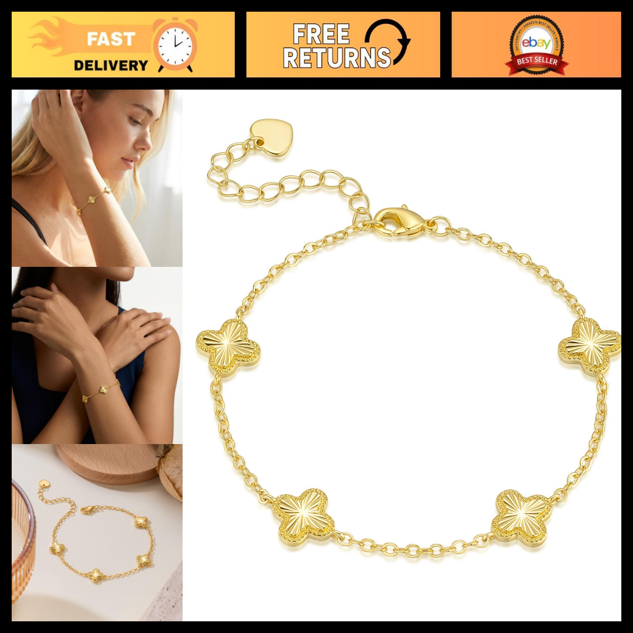 Dainty Clover Bracelet for Women - 14K Gold Adjustable Chain Lucky Jewelry Dainty Clover Bracelet for Women - 14K Gold Adjustable Chain Lucky Jewelry