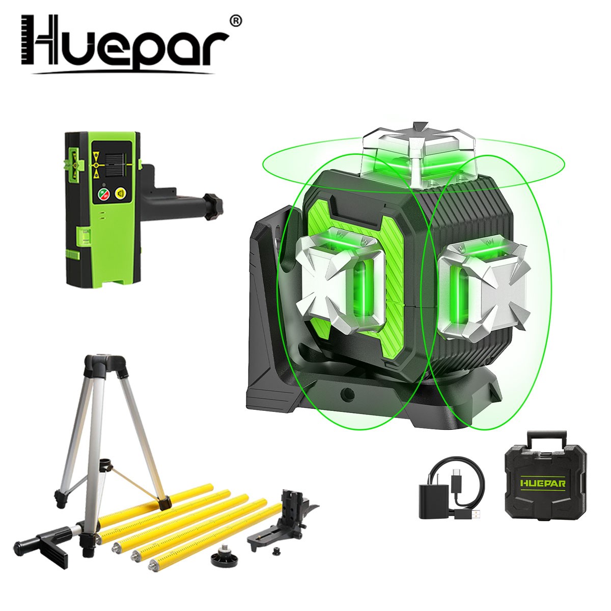 Huepar 12 Line Green Self-leveling Laser Level Pulse Mode + Receiver+3.7mtripod Huepar 12 Line Green Self-leveling Laser Level Pulse Mode + Receiver+3.7mtripod