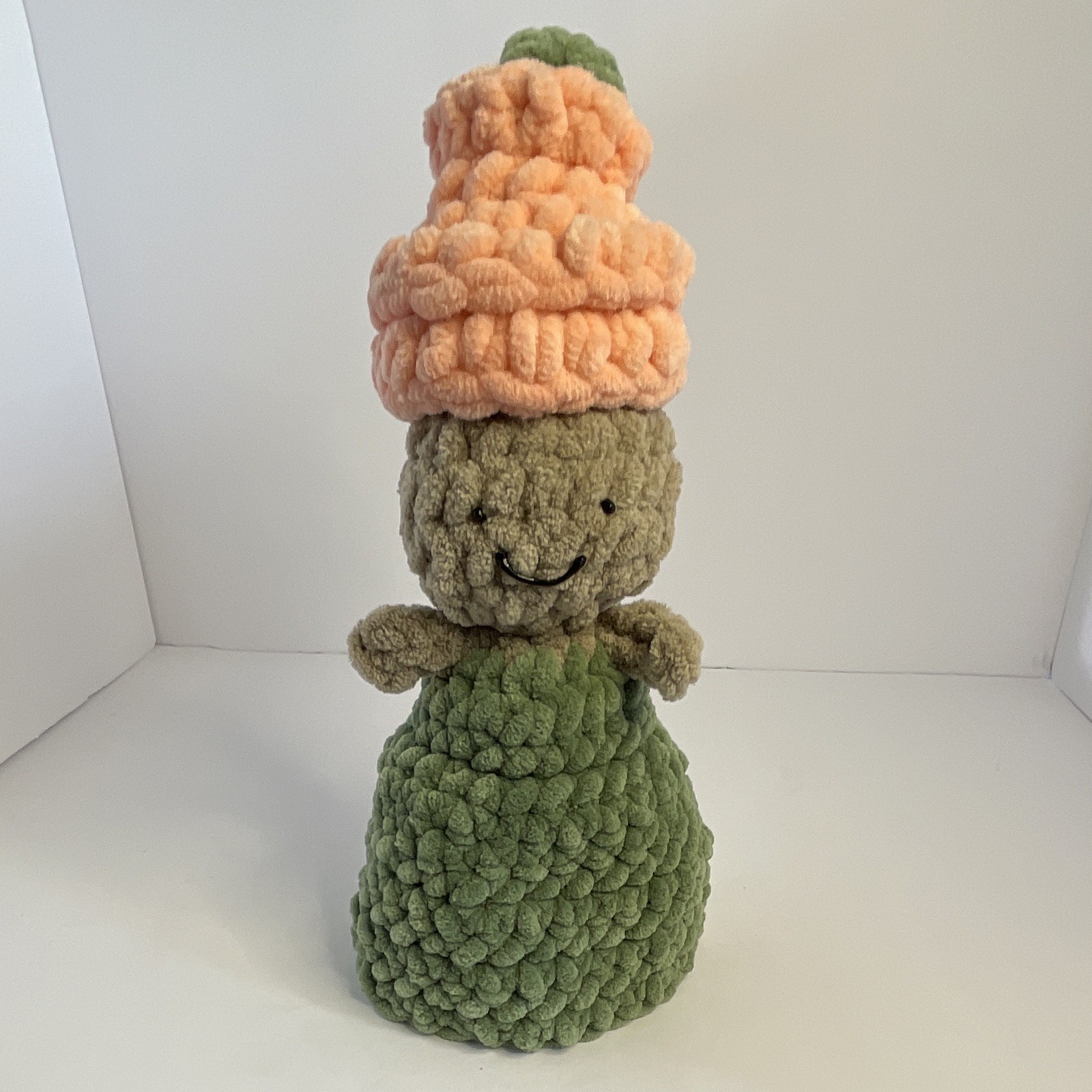 Handmade Small Crocheted Plush Doll Figure in Green with Peach Hat