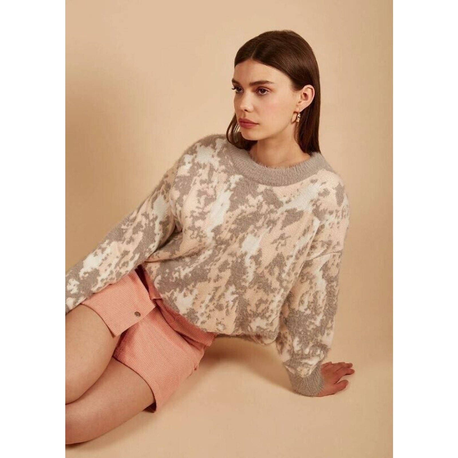 FRNCH Paris Women\'s Nadera Fuzzy Crew Knit Sweater in Pink/Grey/White MED/LG $98 FRNCH Paris Women\'s Nadera Fuzzy Crew Knit Sweater in Pink/Grey/White MED/LG $98