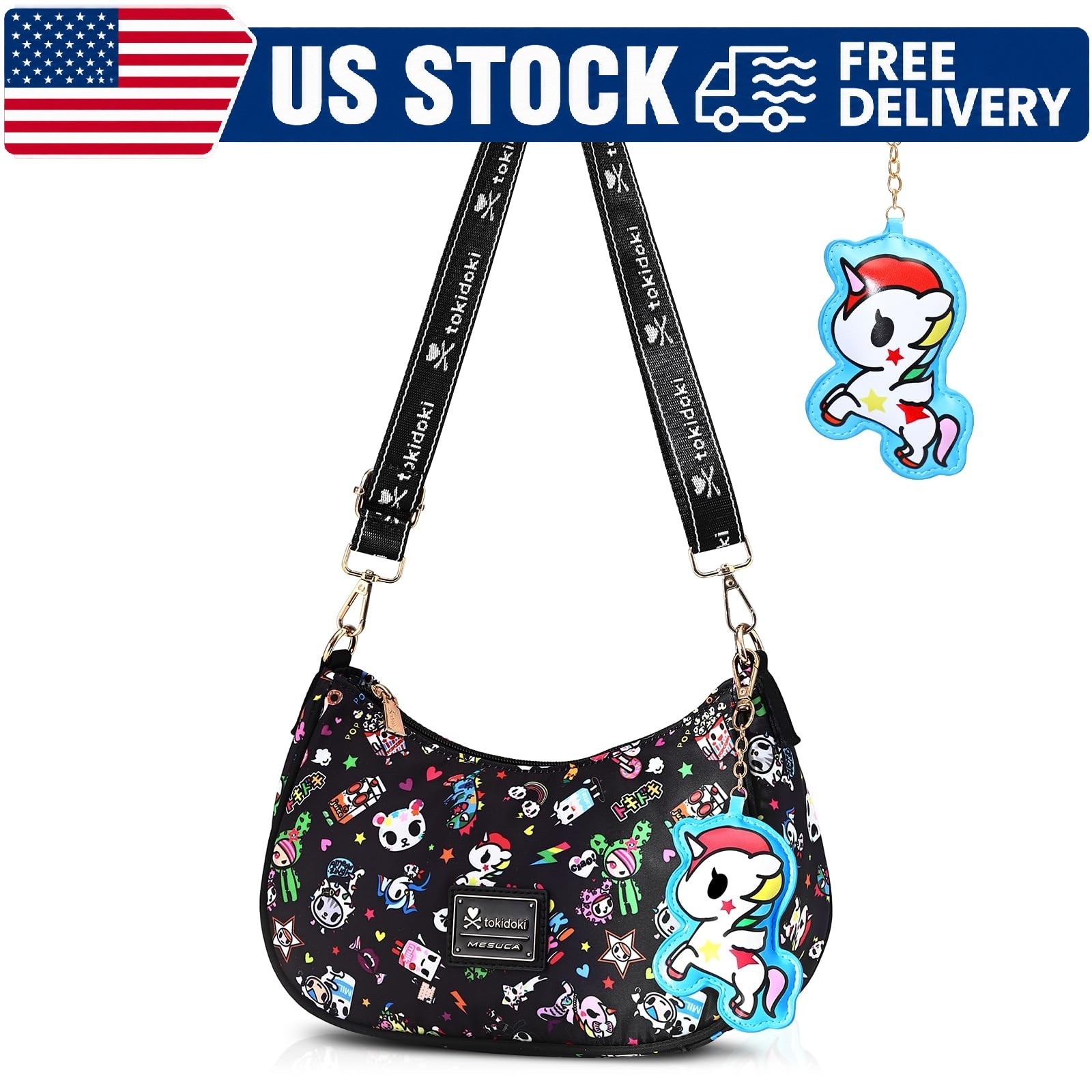 tokidoki Hobo Bag with Unicorno Keychain Cute Crescent Shoulder Bag Small Black tokidoki Hobo Bag with Unicorno Keychain Cute Crescent Shoulder Bag Small Black