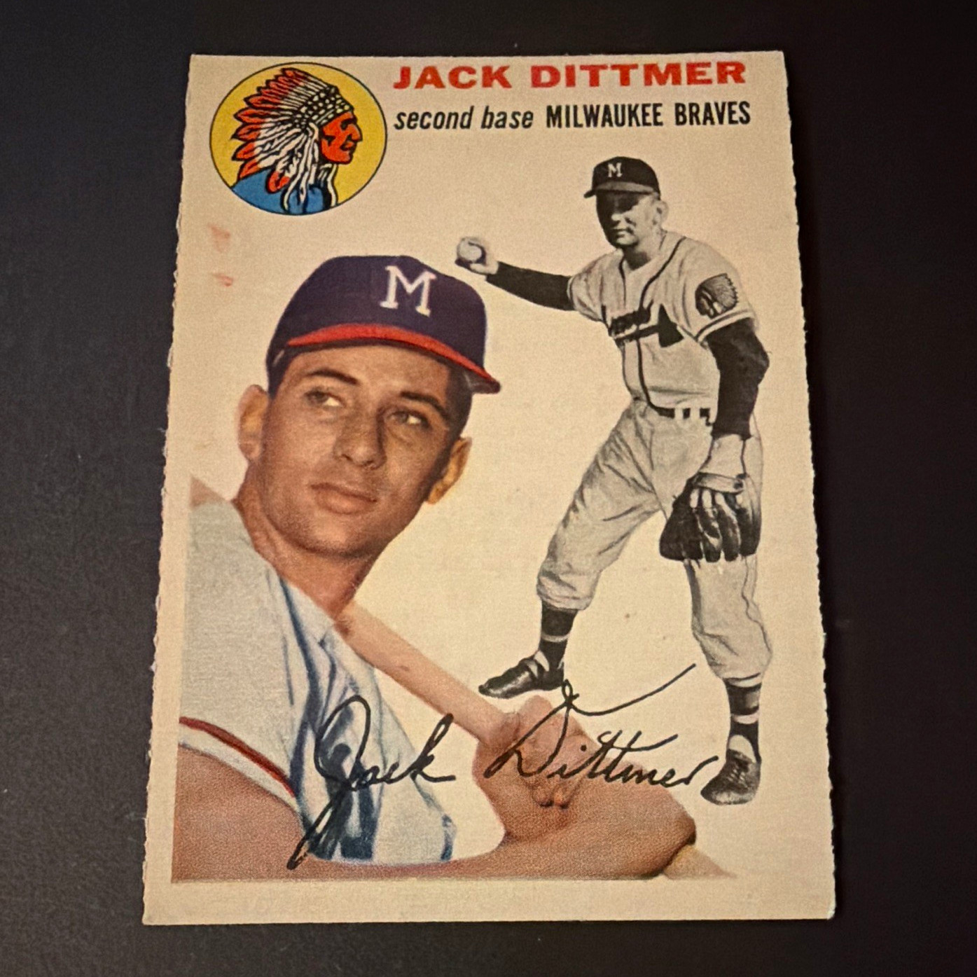 Topps 1954 Topps Jack Dittmer #53 Milwaukee Braves Autographed Baseball Card Topps 1954 Topps Jack Dittmer #53 Milwaukee Braves Autographed Baseball Card