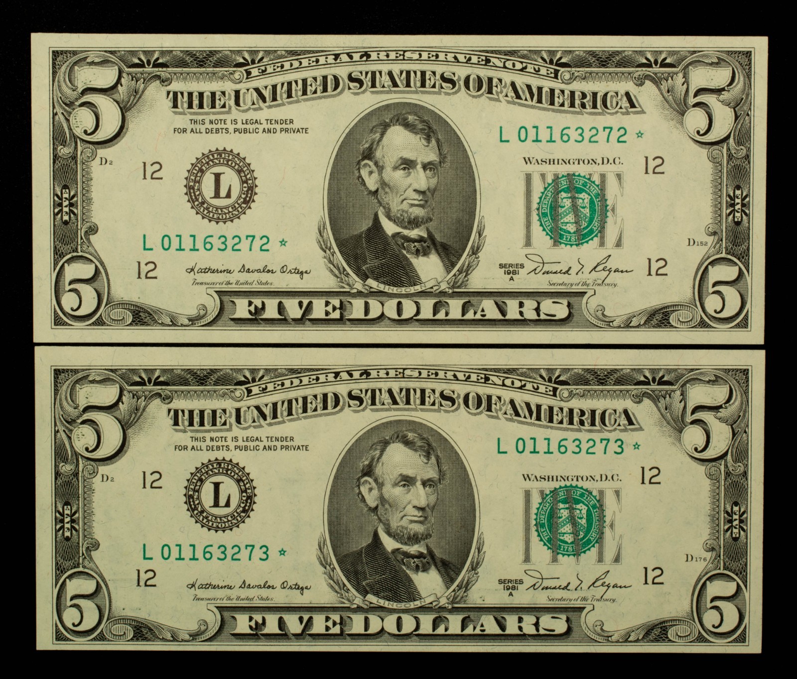 FR 1977-L* $5 1981 A FR Notes US - 2 Consecutive Star Notes - AU++ - SKU-CA1910