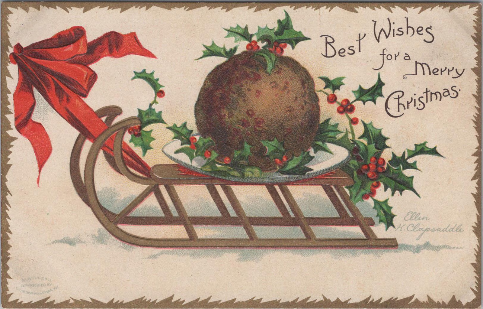 Antique Ellen Clapsaddle Embossed Christmas Postcard- Christmas Pudding on Sled- Antique Ellen Clapsaddle Embossed Christmas Postcard- Christmas Pudding on Sled-
