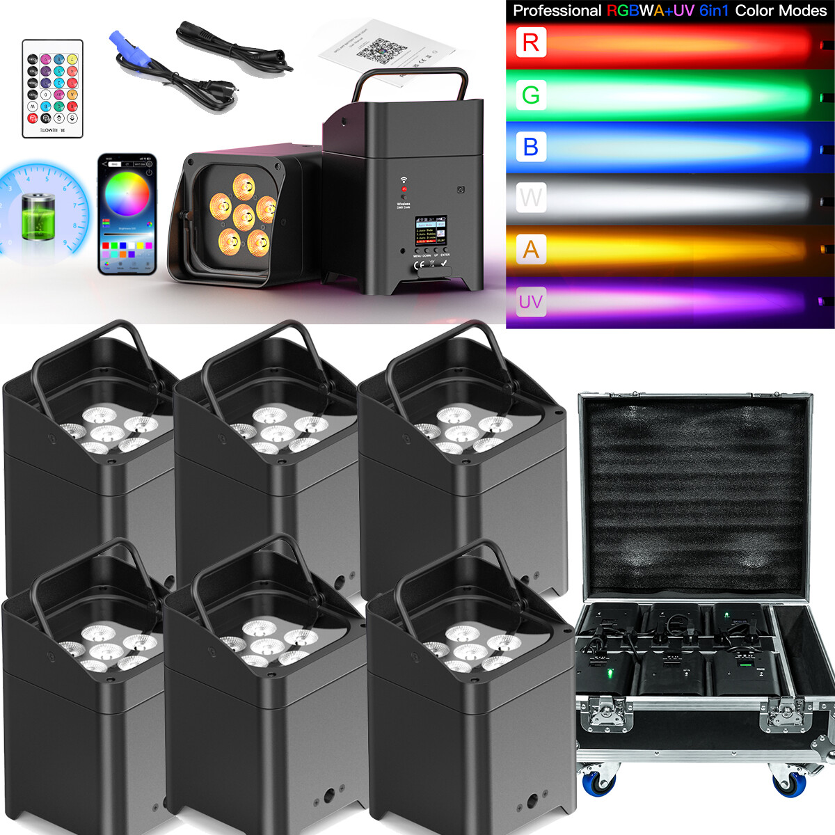 6PCS 6x18W Wireless Par Light Battery Powered RGBWA+UV 6 LED Uplight with Case