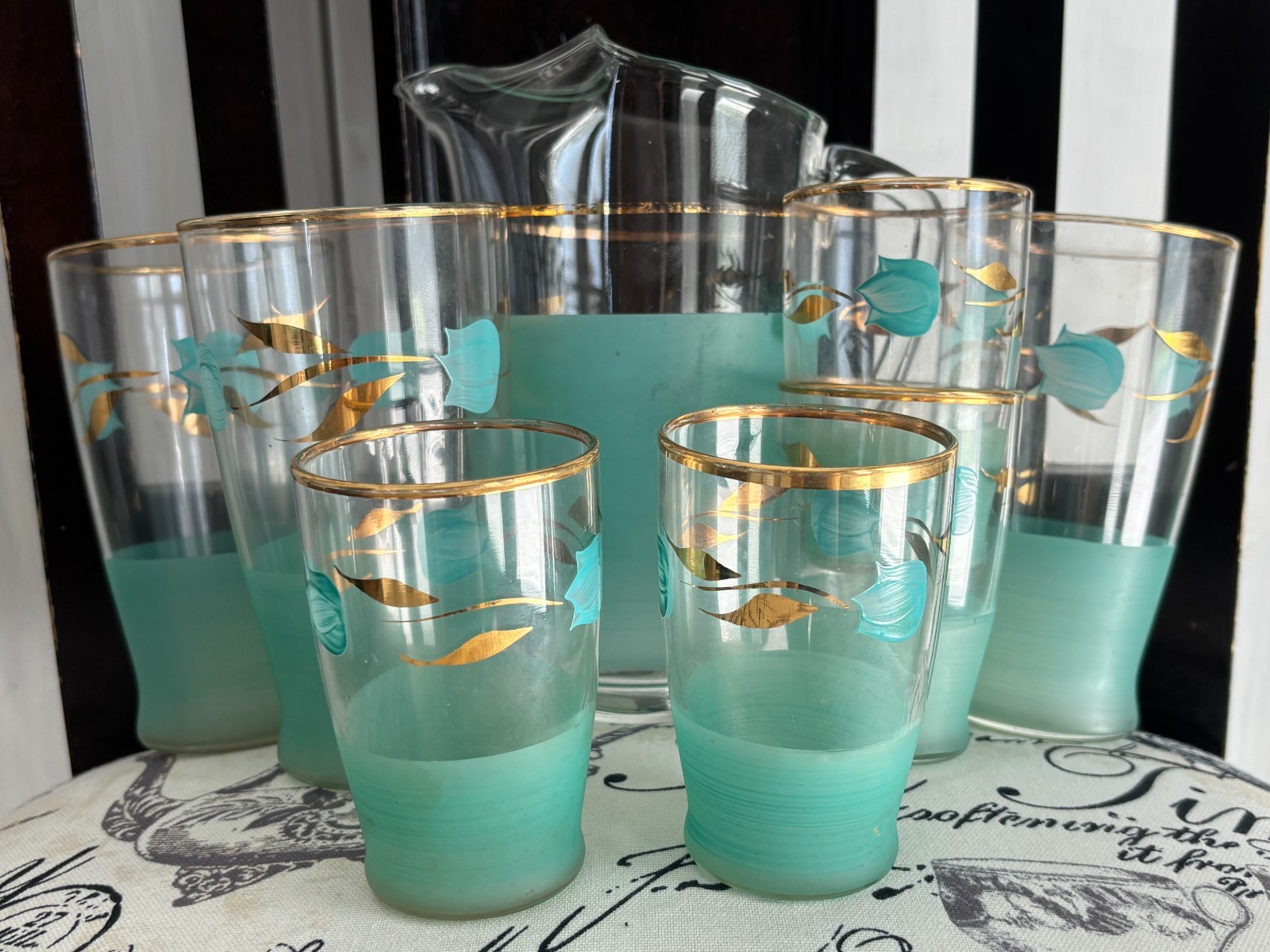 Small MCM Glass Pitcher Tumblers Juice Glasses Frosted Turquoise Gold 8 Pc Set Small MCM Glass Pitcher Tumblers Juice Glasses Frosted Turquoise Gold 8 Pc Set