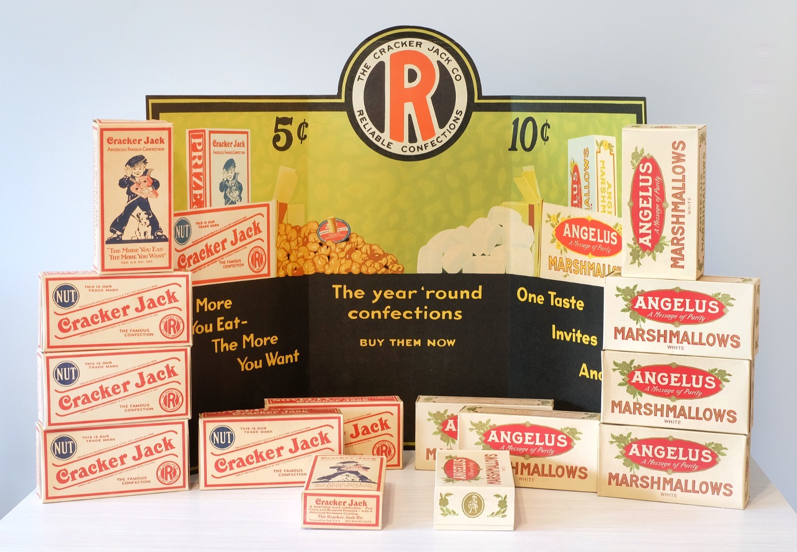 Rare 1920s Cracker Jack Popcorn & Angelus Window Display Sign with 14 Boxes Rare 1920s Cracker Jack Popcorn & Angelus Window Display Sign with 14 Boxes