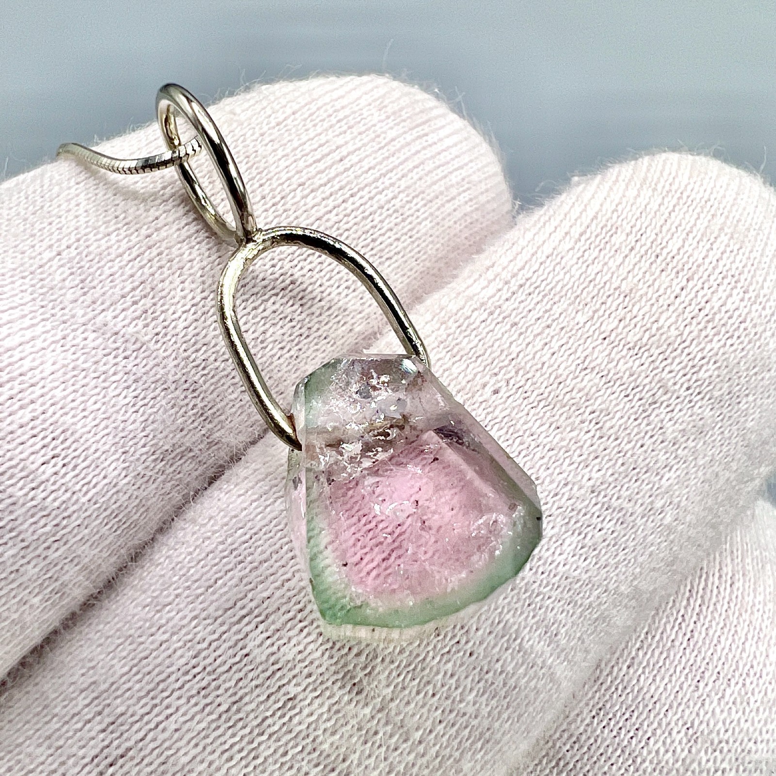 watermelon tourmaline slice with raw necklace in syterling silver watermelon tourmaline slice with raw necklace in syterling silver