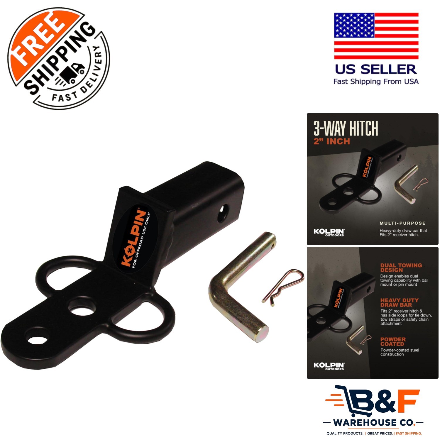 Universal 3-Way Towing Hitch 2-Inch - Alloy Steel, Powder-Coated Finish