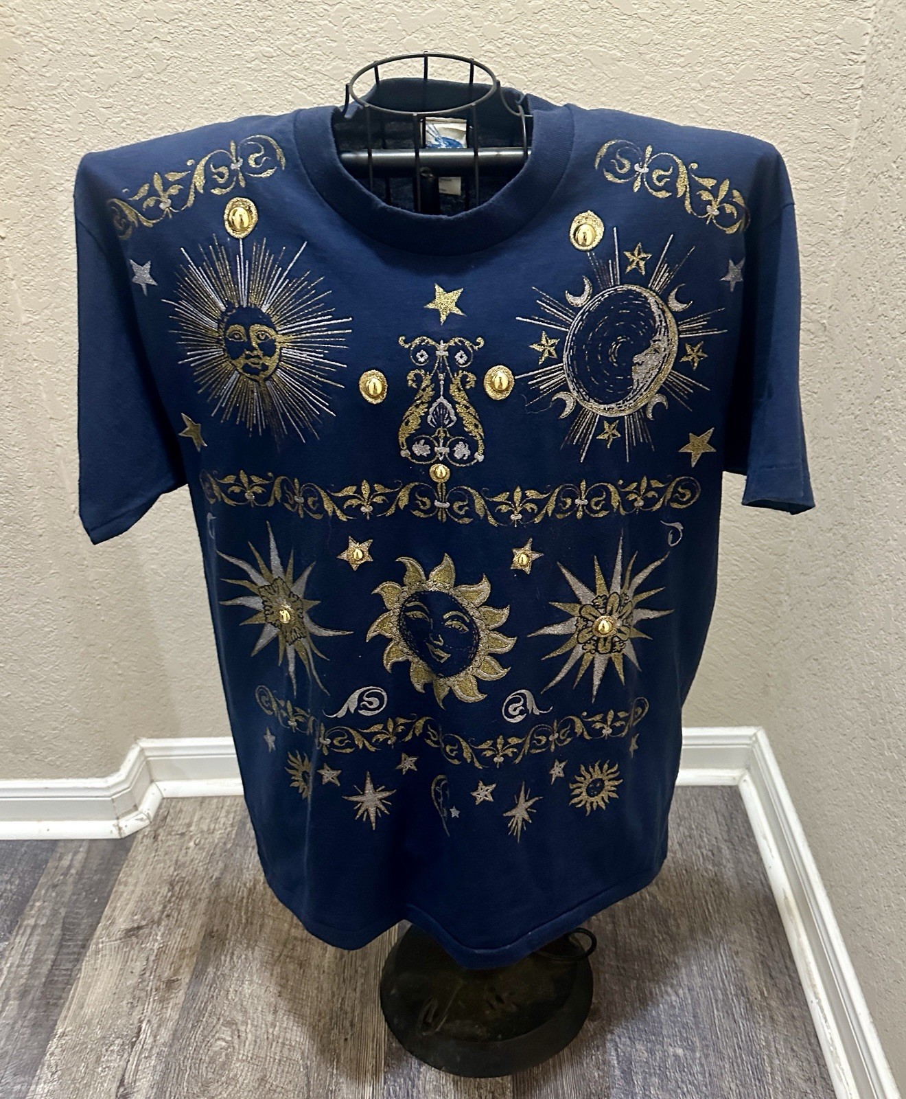 Vintage 90s Blue Celestial Sun Moon Stars Graphic T-Shirt One Size - Up to Large Vintage 90s Blue Celestial Sun Moon Stars Graphic T-Shirt One Size - Up to Large